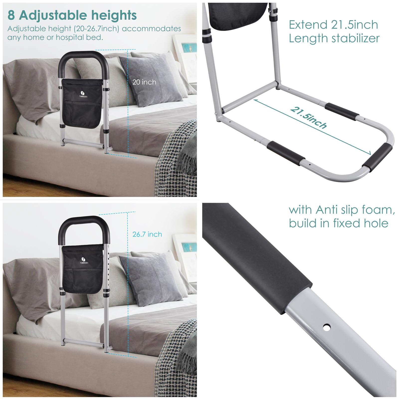 tomreky Bed Rails for Elderly Adults Assist Safety with Motion Light for Seniors Hand Bar Grab with Storage Pocket Patent Stabilizer with Fixing Strap, Support Up to 300lbs Grey