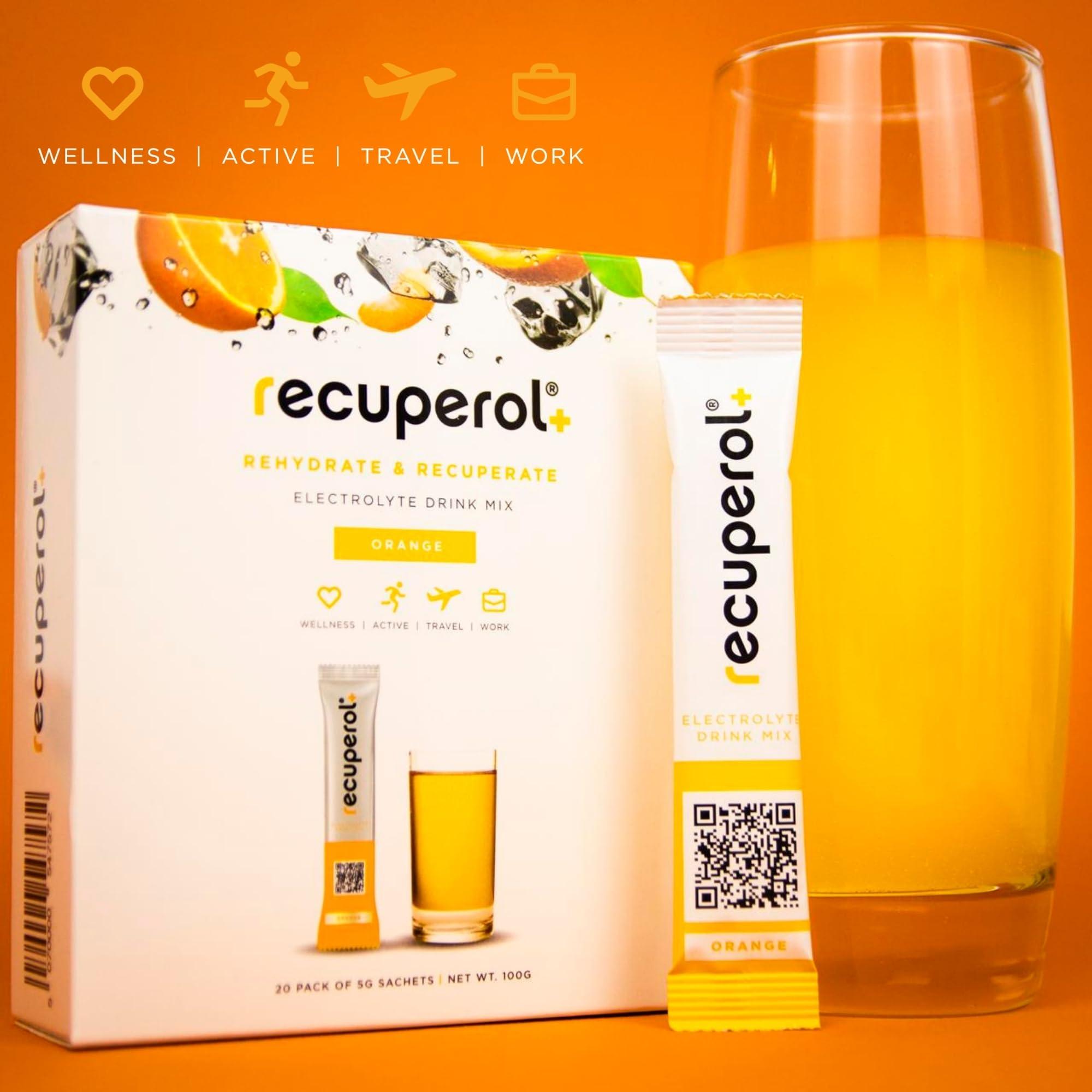 Recuperol Recuperol Electrolytes Sachets | Electrolytes Powder for Rehydration | 20 Sachets | Sugar-Free Hydration Powder | Zinc, Vitamin C, B12, D3, Potassium | Natural Orange Flavour