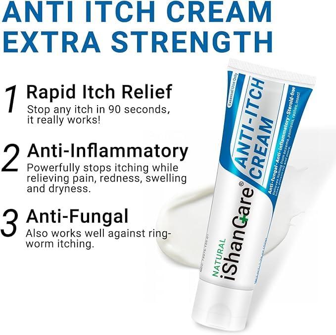 ishancare iShanCare Anti Itch Cream, Maximum Strength Instant Itch Relief for Rash, Eczema, Bug/Mosquito Bites, Psoriasis, Poison Ivy, Dermatitis, Soothing Moisturizer for Dry, Sensitive Skin