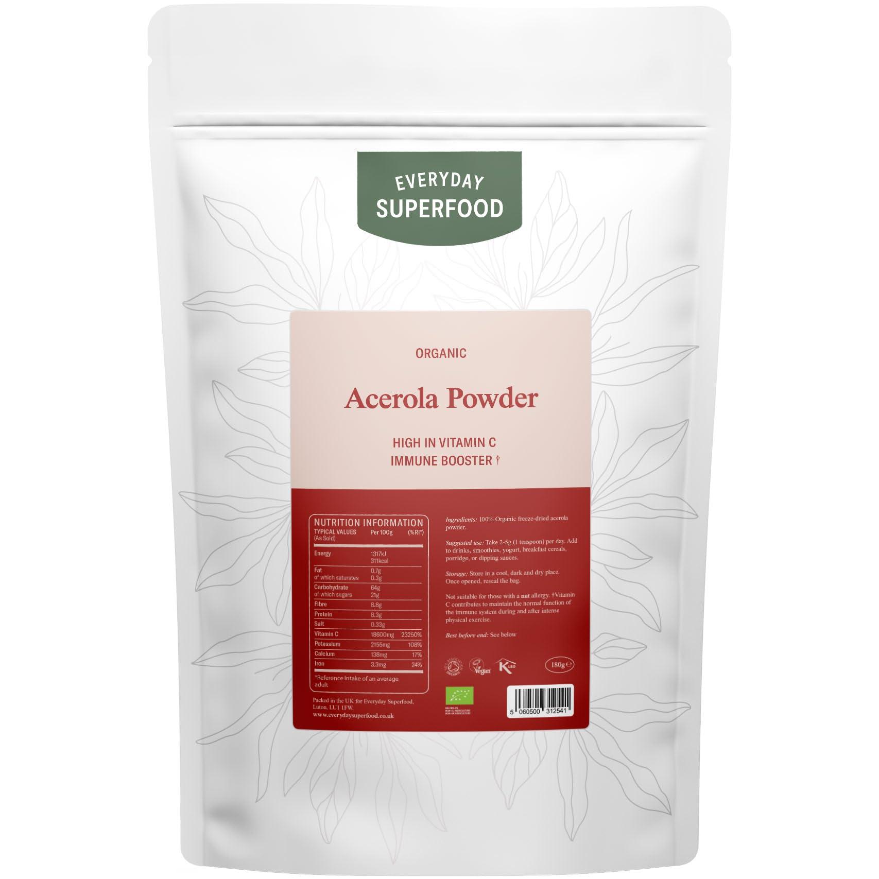 Everyday Superfood Organic Acerola Cherry Powder 180g Freeze Dried Everyday Superfood Pure Acerola Powder Rich in Vitamin C Certified Organic Vegan & Kosher