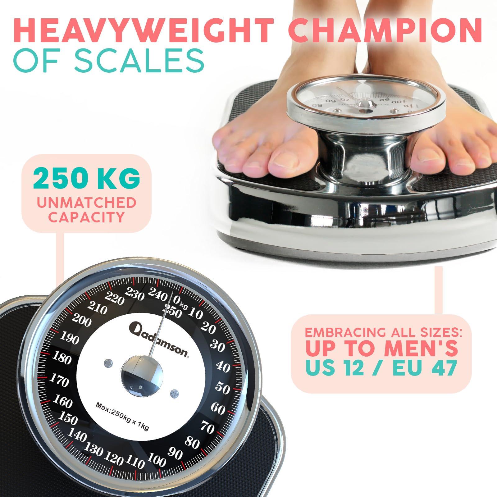 Adamson Adamson A28 Bathroom Scales - Up to 250 kg, Heavy Weight, Anti-Skid Rubber Surface, Extra Large Numbers - High Precision Weighing Scales for Body Weight - Durable with 20-Year Assurance - New
