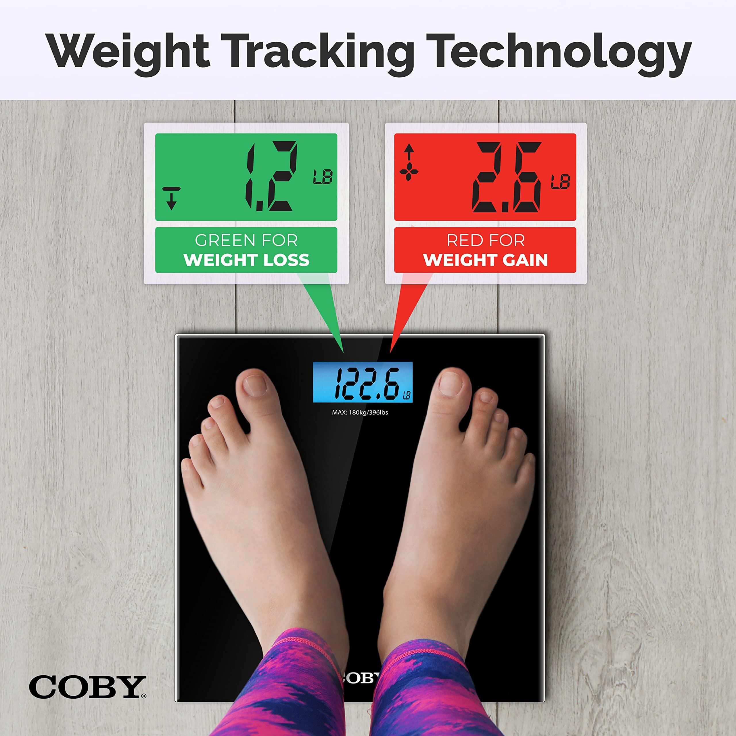 Coby COBY Tempered Glass Digital Bathroom Scale with Color Changing LCD Backlit Display, Black, 3.47 Pound