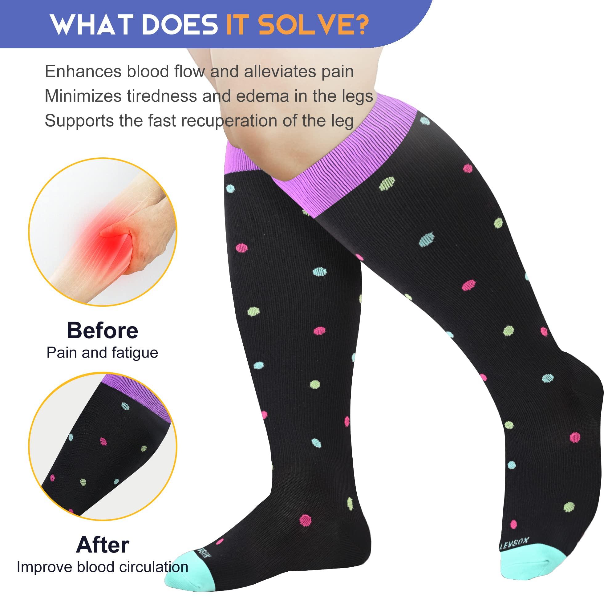 LEVSOX LEVSOX Plus Size Compression Socks for Women Men Wide Calf Extra Large 15-20 mmHg Knee High Sock for Nurses Pregnant Travel, 3 Pairs/Black Mix Patterns, XL