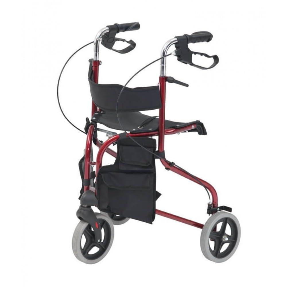 Elite Care Tri Walker with seat/Lightweight 3 Wheeled rollator with Brakes and Shopping Bag (Red)