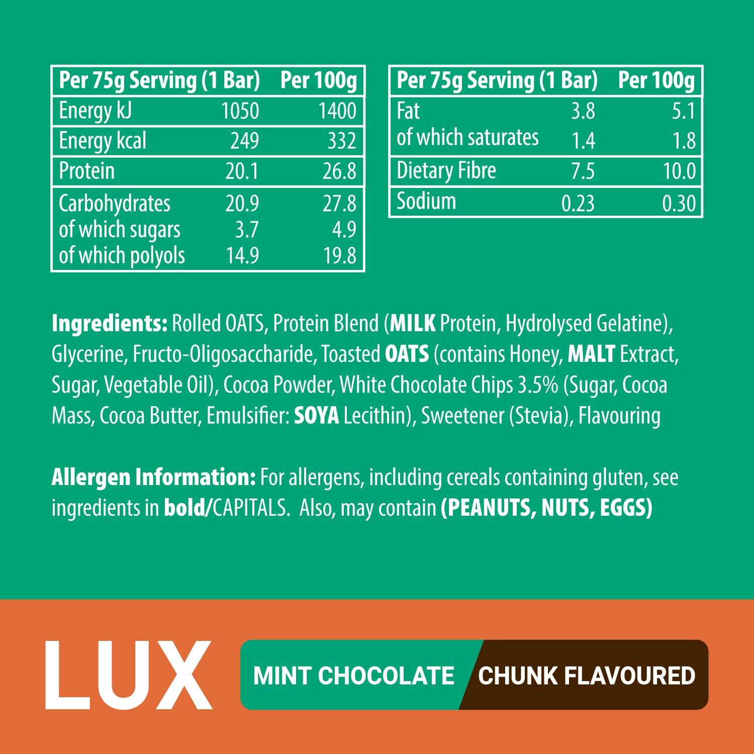 Bodybuilding Warehouse Premium LUX Protein Flapjack Bars - High Protein, Low Sugar Snack Bodybuilding Warehouse - Mint Chocolate Chunk (24 x 75g)