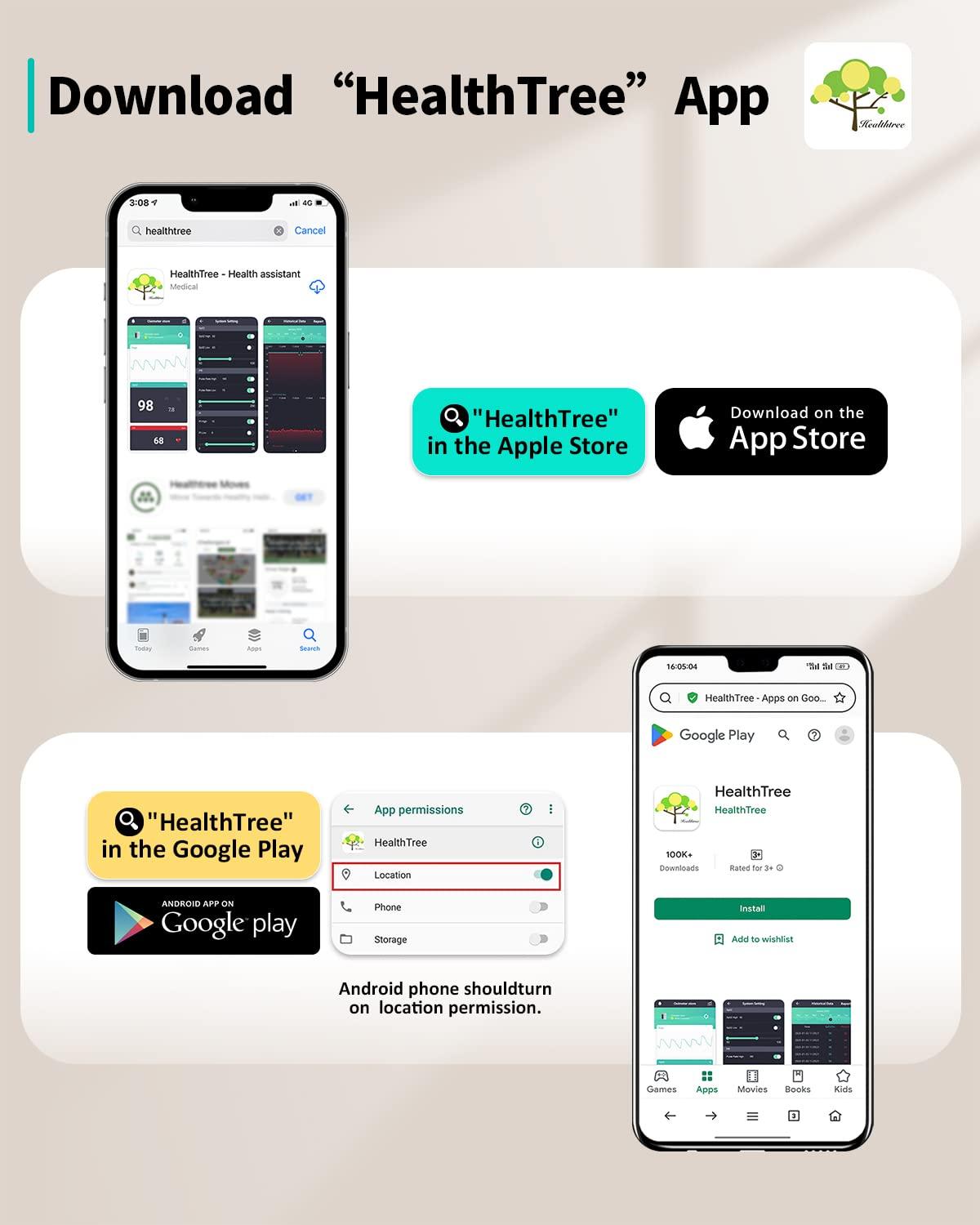 HealthTree Pulse Oximeter HealthTree Oxygen Monitor Fingertip, Bluetooth Pulse Ox with Free APP, O2 Pulse Oximeter Finger and Heart Rate Monitor, 2 X AAA Batteries, Lanyard