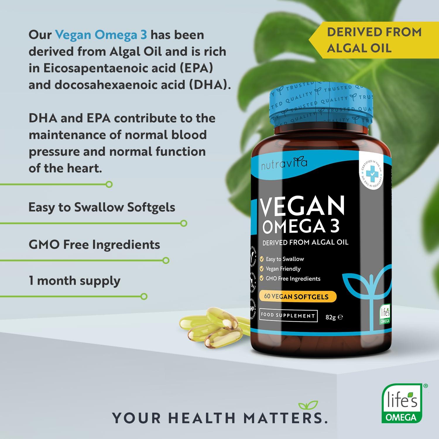Nutravita Vegan High Strength Omega 3 2000mg Soft Gels - 600mg DHA & 300mg EPA per Serving - Plant-Based Omega 3 Softgels Derived from Sustainable Algal Oil - 60 Vegan Softgels - Made in The UK by Nutravita