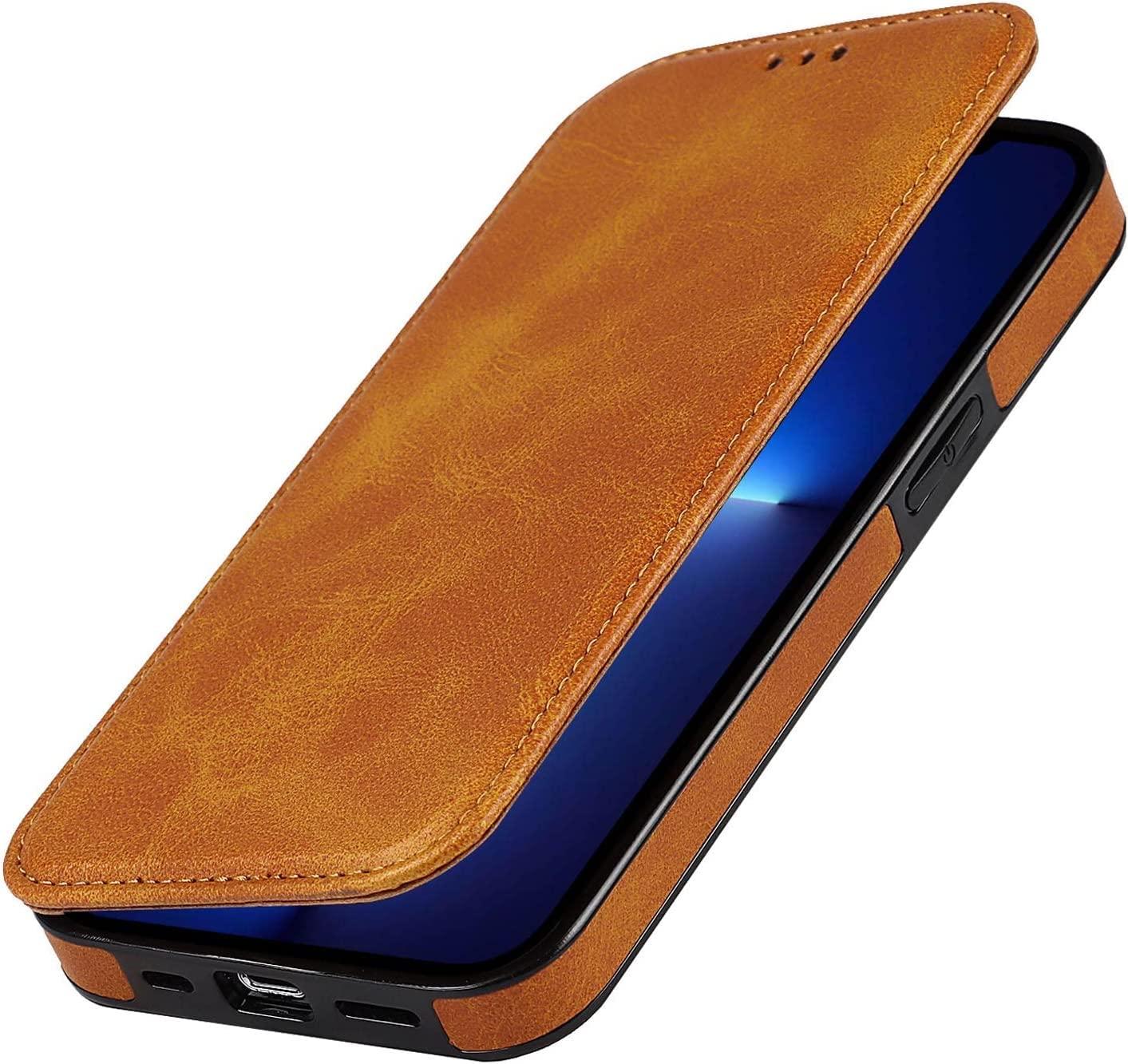 BRART BRART Wallet Case for iPhone 13/13 Pro/13 Pro Max, PU Leather Magnetic Protective Flip Case Cover with Credit Card Slot Viewing Stand Shockproof TPU (Color : Yellow, Size : 13pro max 6.7\")