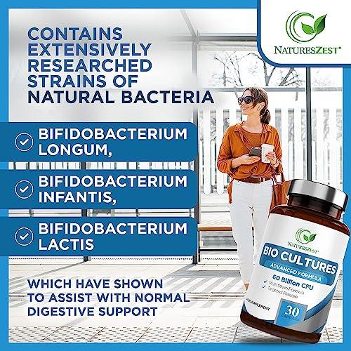 Natures Zest 60 Billion CFU Bio Cultures Probiotics with Prebiotics 30 Capsules Multi Strain Advanced Formula for Men and Women by Natures Zest