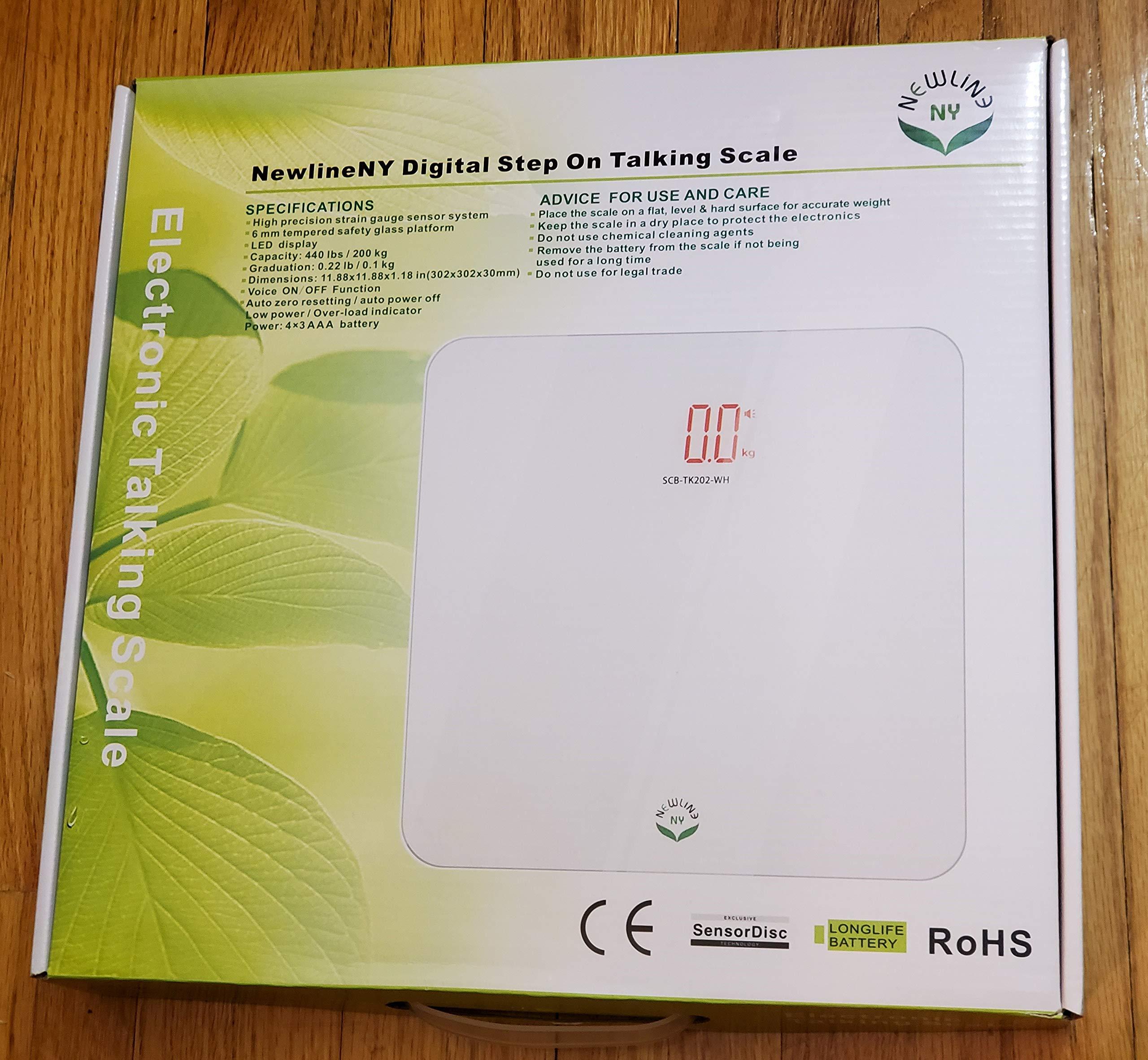 NEWLINE NY NewlineNY Voice Talking Digital Bathroom Scale Easy Auto Step-on Auto Off Technology, White, Lb or Kg, 440lb Capacity