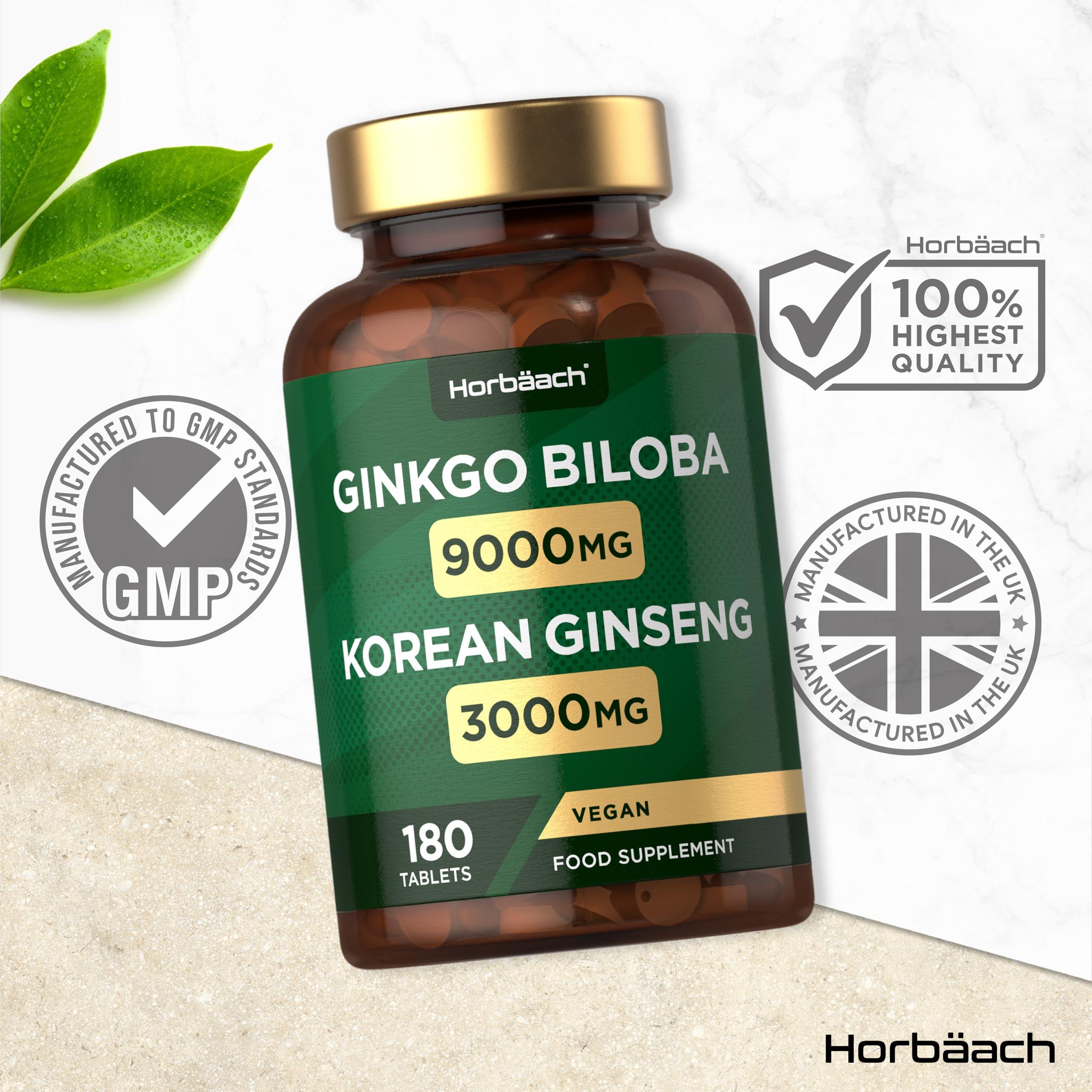 Horbach Ginkgo Biloba and Korean Ginseng Tablets | High Strength | Ginkgo 9000mg & Ginseng Root 3000mg | 180 Vegan Tablets | by Horbaach