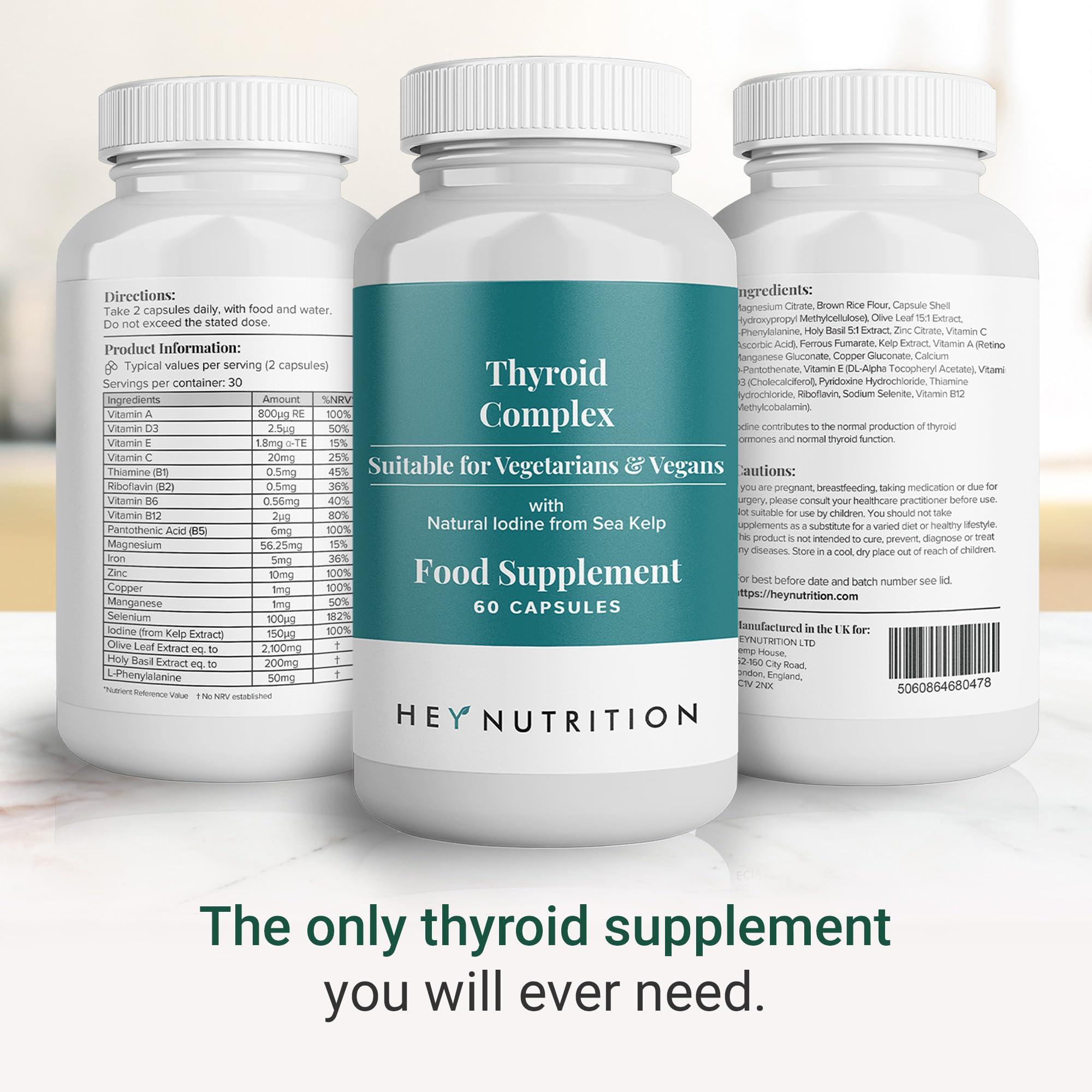 Hey Nutrition Hey Nutrition Thyroid Complex Supplement - Copper, Iron, Zinc, Selenium, Vitamin B Blend - Advanced Thyroid Function - 60 Capsules/30 Servings - Non-GMO, Vegan