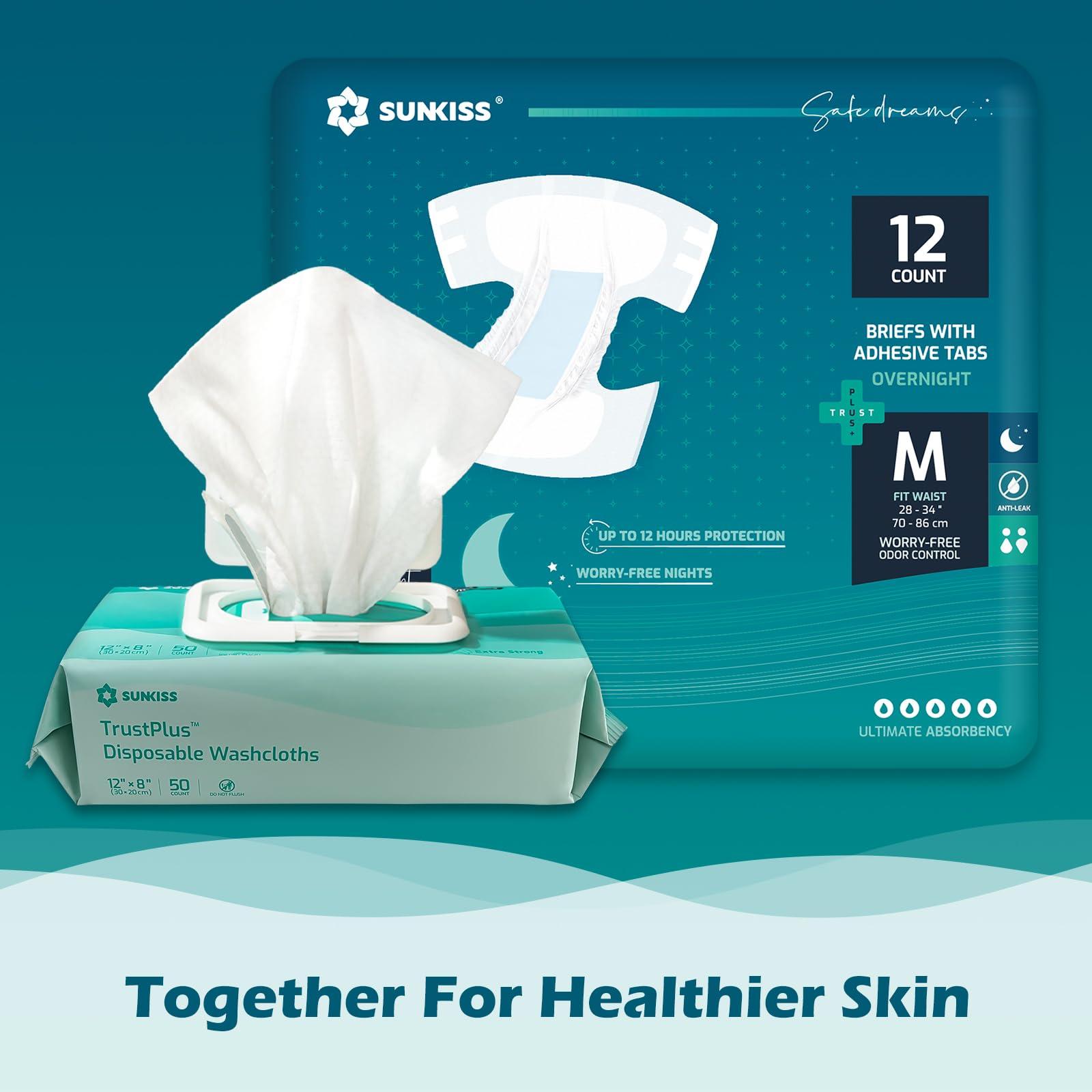 SUNKISS SUNKISS TrustPlus Overnight Adult Diapers with Ultimate Absorbency, Unisex Incontinence Briefs with Tabs for Men and Women, Odor Control, Medium, 12 Count