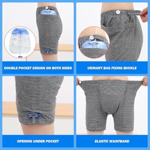 Lamppdcor Nephrostomy Bag Clothing,Catheter Underwear for Men with Elastics Cotton Catheter Pants with 2 Pocket & Fixer Striped Concealed Nephrostomy Bag Clothing,No Urine Bag, M