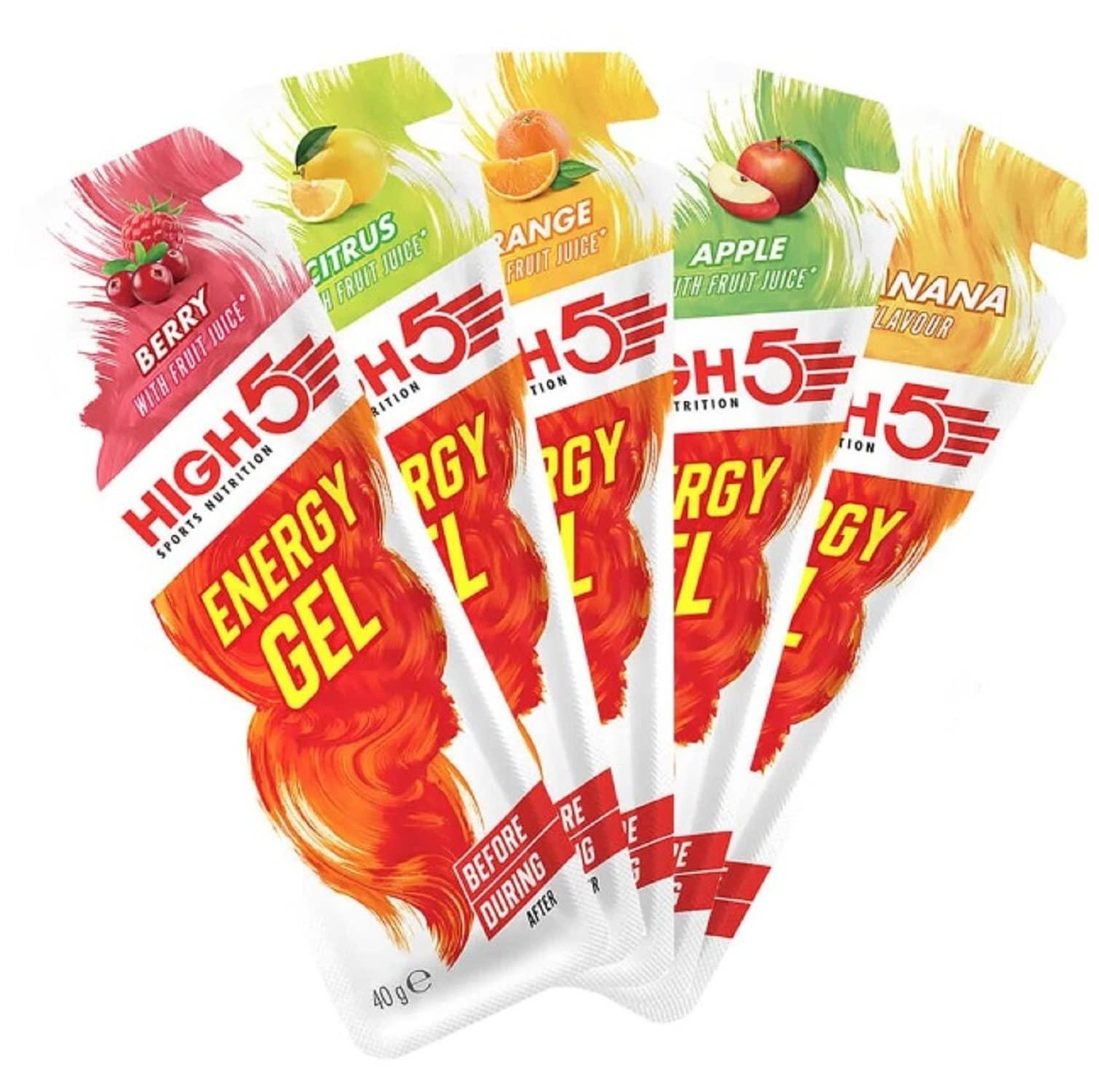 2022 High 5 Energy Gels (20 Pack) Carbohydrate 23g each + Free 500ml Bottle (Citrus)