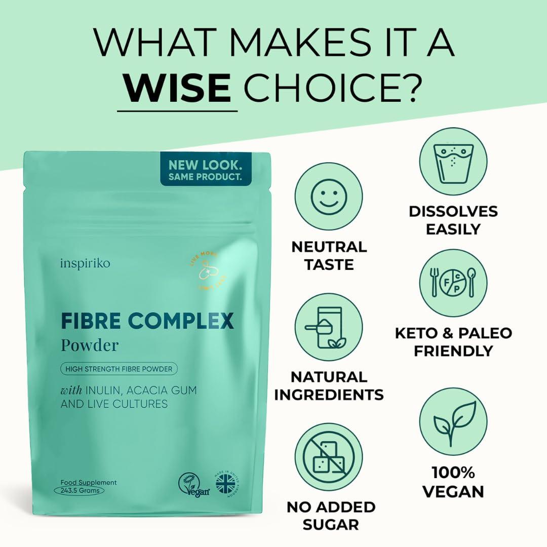 Inspiriko 15g Soluble Fibre Supplement - 50% NHS Daily Prebiotic Fibre Powder with Inulin, Acacia Gum, 2 Billion CFU in Probiotics Powder. 6-in-1 Tasteless Prebiotics for Gut Health, 240 Grams