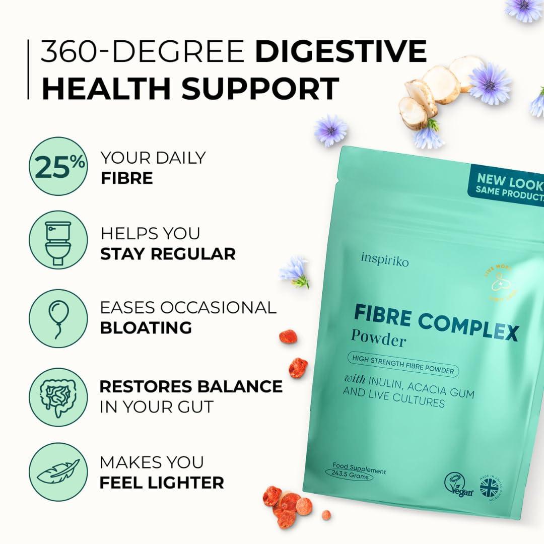 Inspiriko 15g Soluble Fibre Supplement - 50% NHS Daily Prebiotic Fibre Powder with Inulin, Acacia Gum, 2 Billion CFU in Probiotics Powder. 6-in-1 Tasteless Prebiotics for Gut Health, 240 Grams