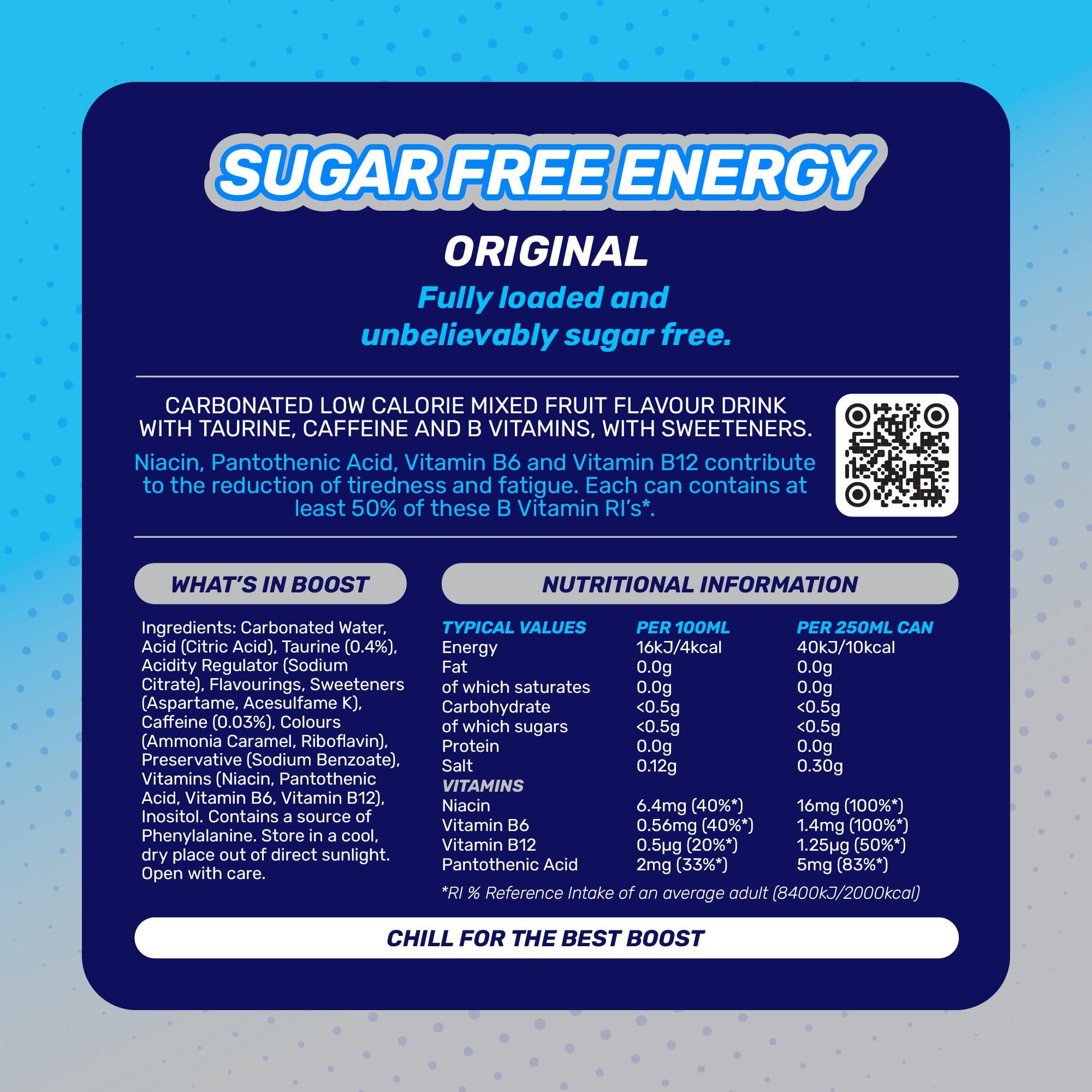 Boost Boost Energy Drink Sugar Free Original - 24 Pack Drinks with Caffeine, Taurine and Vitamin B | Carbonated Energy Drinks | Gluten Free Vegan Low Calorie Zero Sugar Fizzy Drinks | 24x250ml