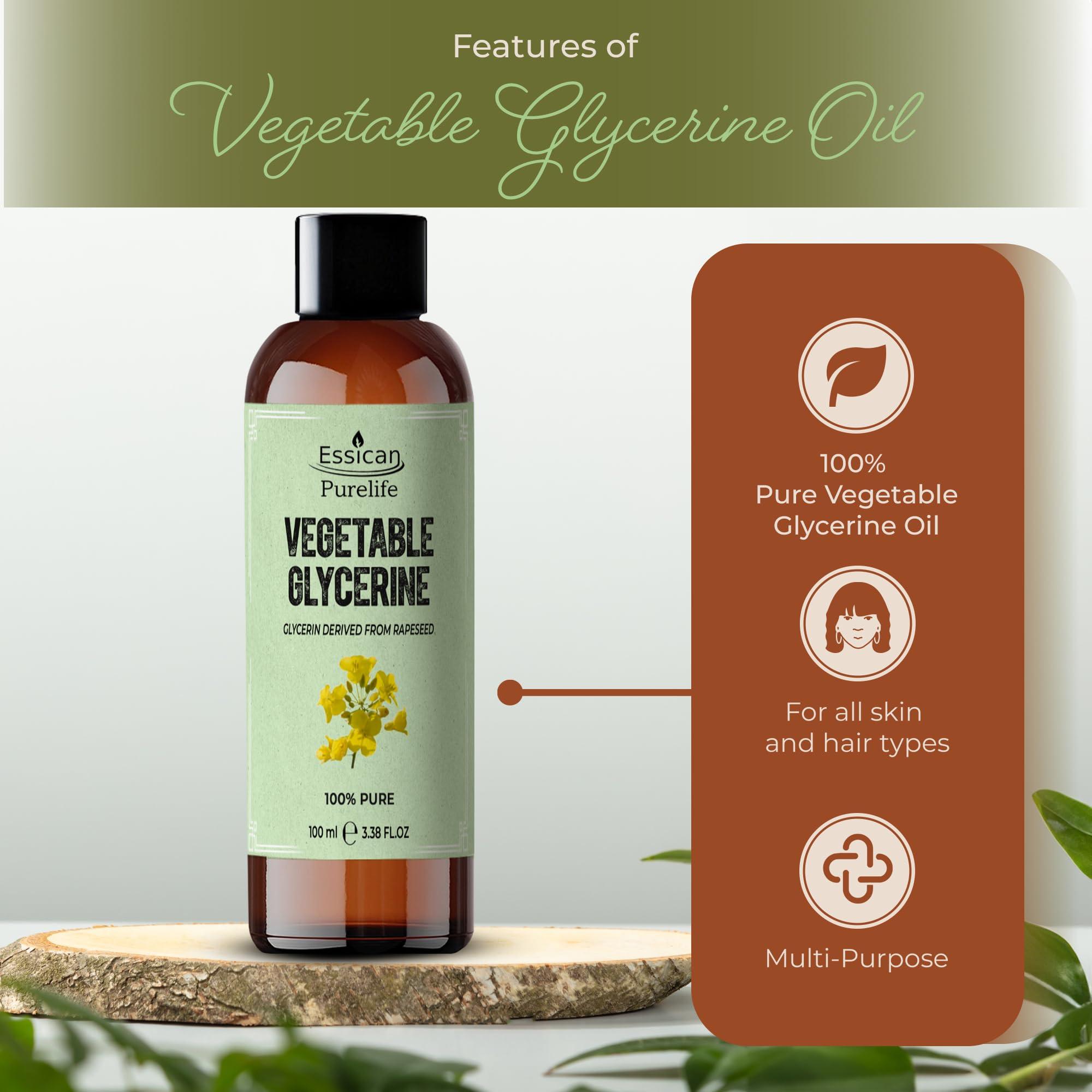 Essican Purelife Vegetable Glycerin for Skin 100ml Vegetable Glycerin for Hair and Face, Glycerine Liquid, Pure Glycerine for Skin, Liquid Glycerin for Skin, Vegetable Glycerine, Glycerin Oil, Pure Glycerine