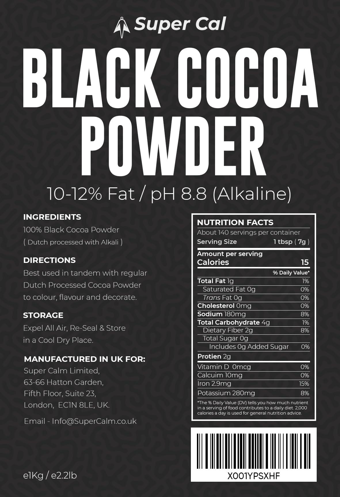 Super Cal Black Cocoa Powder for Baking - 1kg Pouch | Intense Deep Black Dutch Processed Unsweetened Cocoa Powder | pH 8.8 (Zero Bitterness) with 10-12% Fat | Super Cal