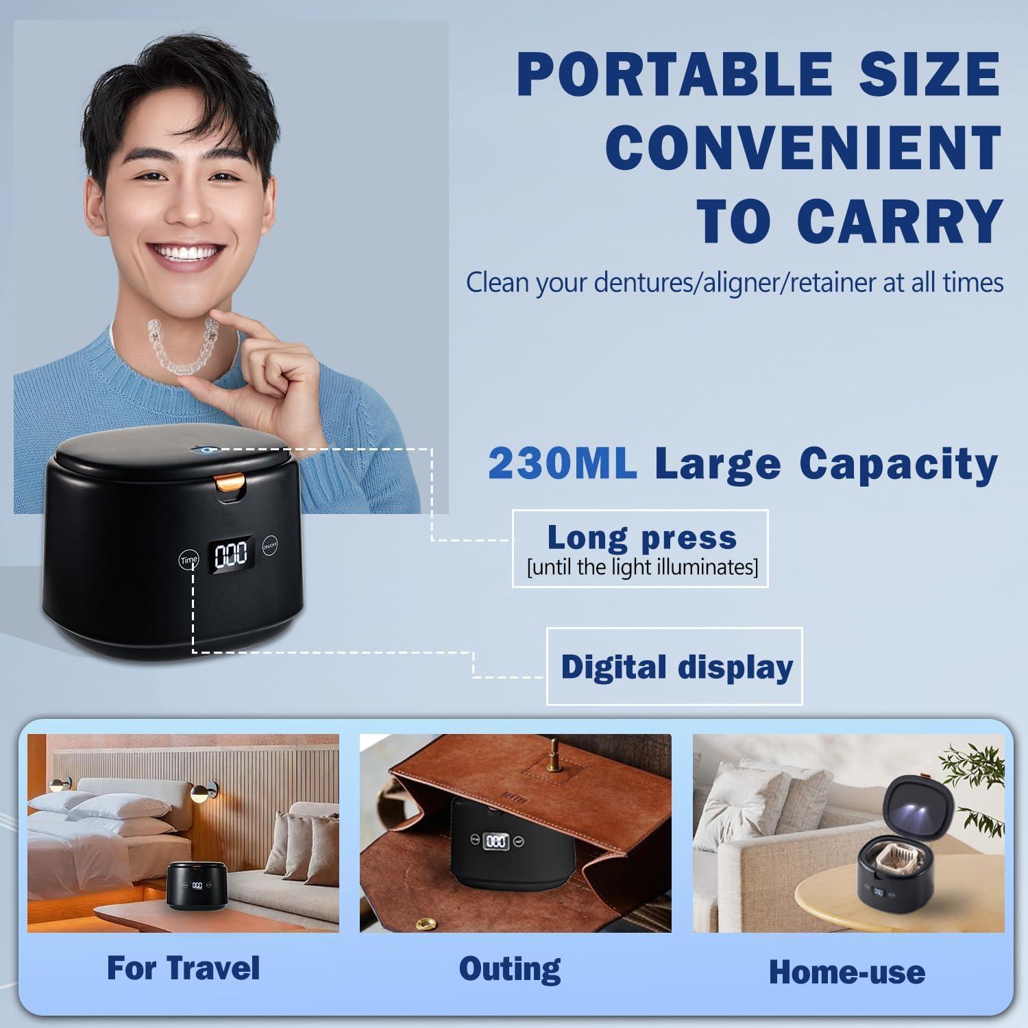 NDAN Ultrasonic Retainer Cleaner, Sonic Dental Cleaning U-V Machine for Dentures, Mouth Guard, Aligner, Toothbrush Head, Jewelry, All Dental Appliances, Portable 30W/45kHz (Black)