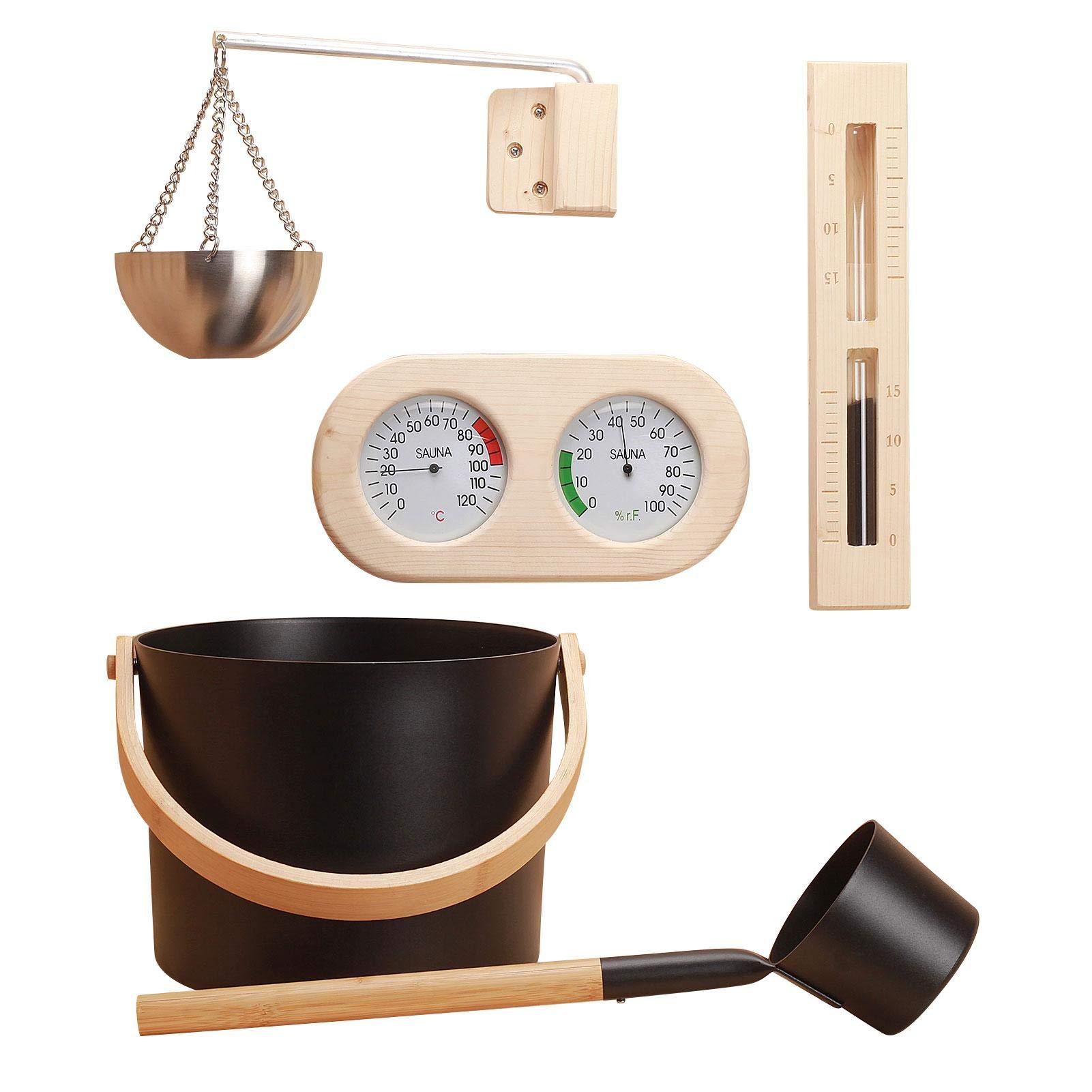 Yiida Sauna Accessory Set, 5 Pieces, 7 L Sauna Bucket, Sauna Accessories, Sauna Bucket with Ladle, Sauna Set with 7 L Sauna Bucket, Hourglass, Thermohygrometer, Sauna Oven, Aluminium Sauna Bucket Set