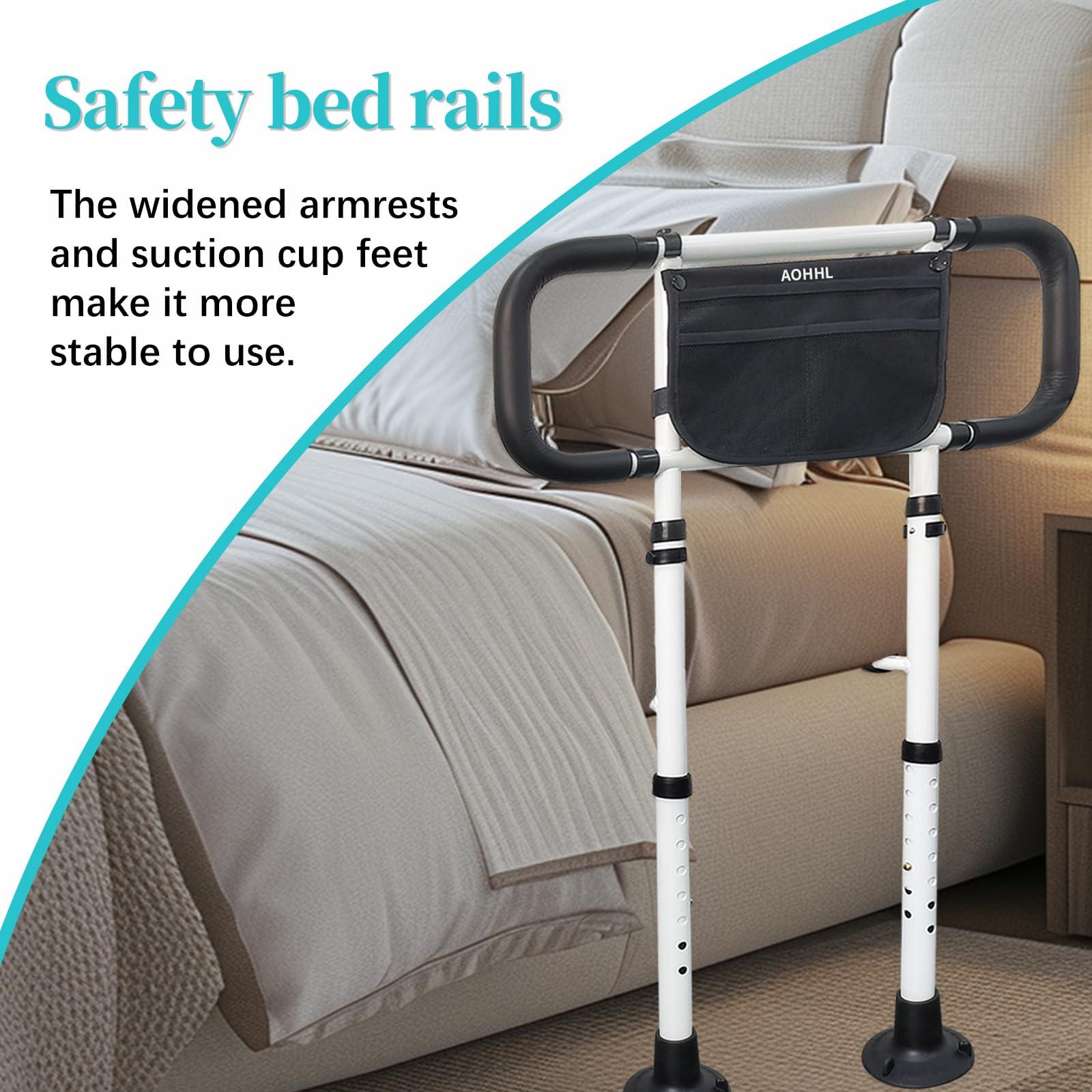 AOHHL Bed Rails for Elderly Adults Safety with Adjustable Heights Storage Pocket Assist Support Side Railings for Seniors Citizens Slides Under Mattressbed Cane Bed Guard Bed Handles Bars (White)