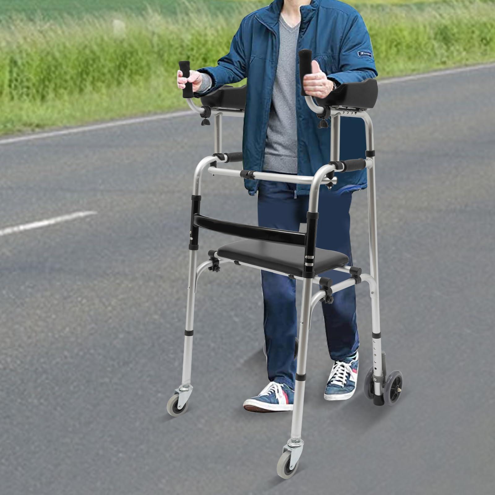 PINYELIN Seniors Stand Upright Rolling Walkers, Aluminium Stand Upright Walker Aid Elderly Disabled Walking Standing, Walkers Walking Frames Folding Rolling Upright Walkers