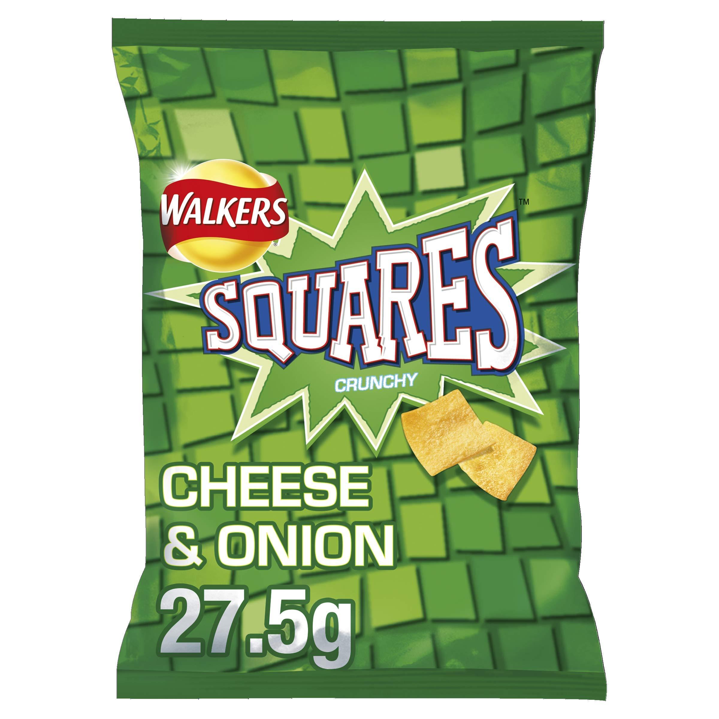 Walkers Walkers Crisps Squares Cheese and Onion Snacks Box, 27.5 g (Case of 32) (Packaging may vary) & Crisps Quavers Cheese Snacks Box, 20 g (Case of 32)