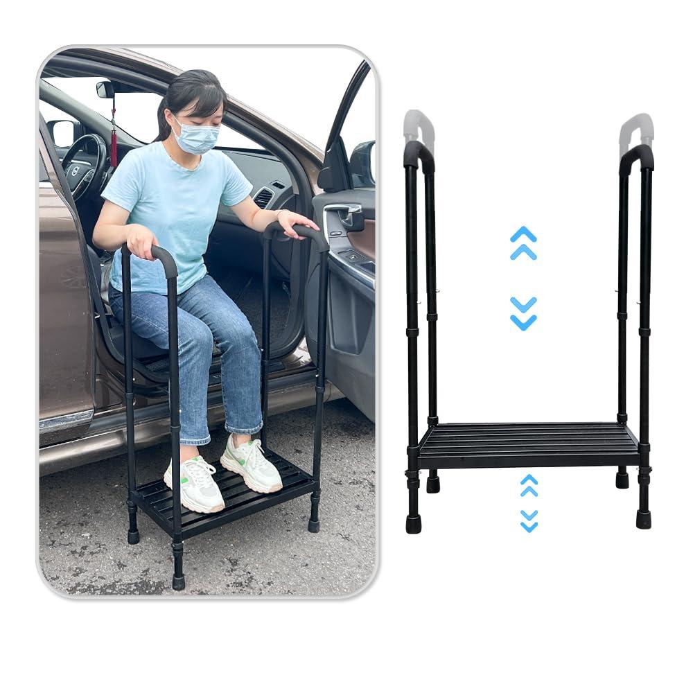 Mybow Medical Step Stool with Handle SUV Car Elderly Handicap Steps for RV Mobile Home with Handrail for Adults Seniors Bariatric Metal Stepping Stool Safety Step Assist Adjustable 400lb Footstool