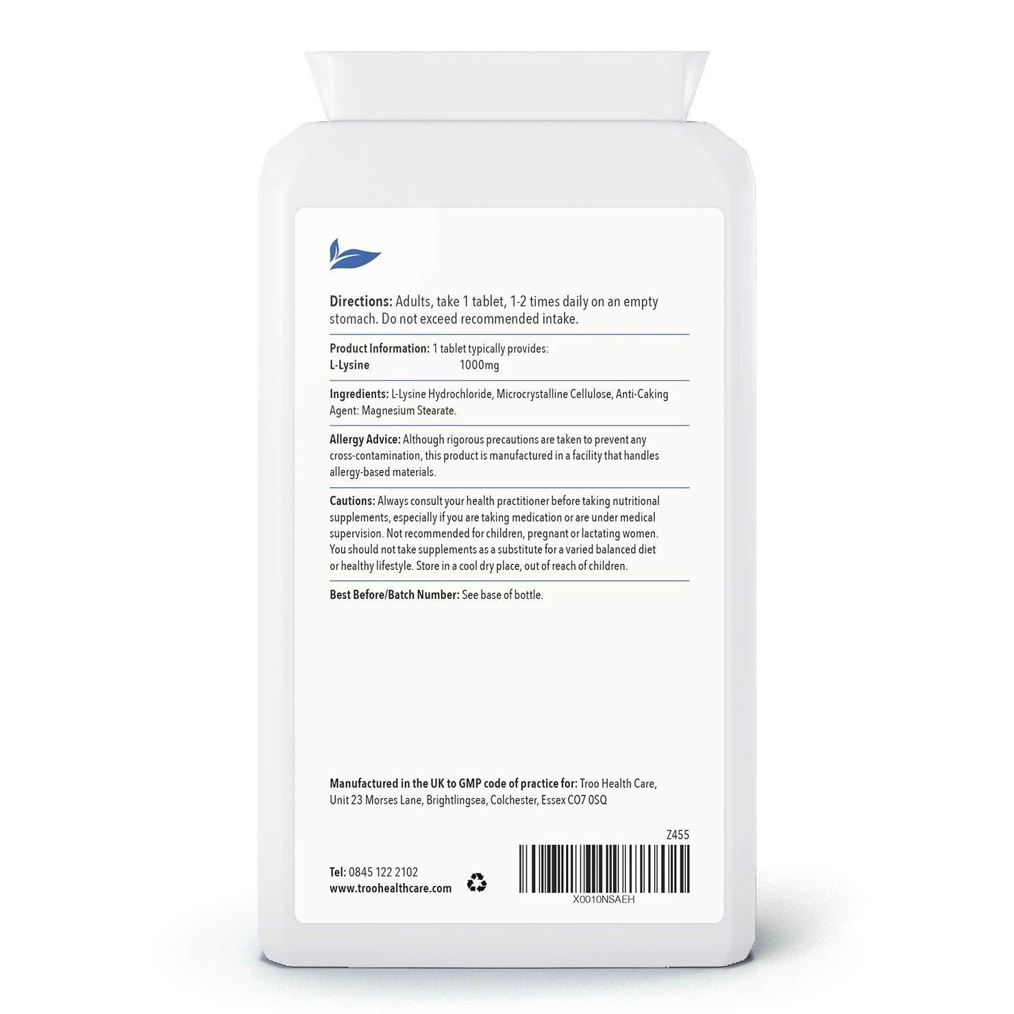 Troo Health Care Troo Health L-Lysine Supplement (1000mg) - 90 Tablets - UK Manufactured to GMP Standards