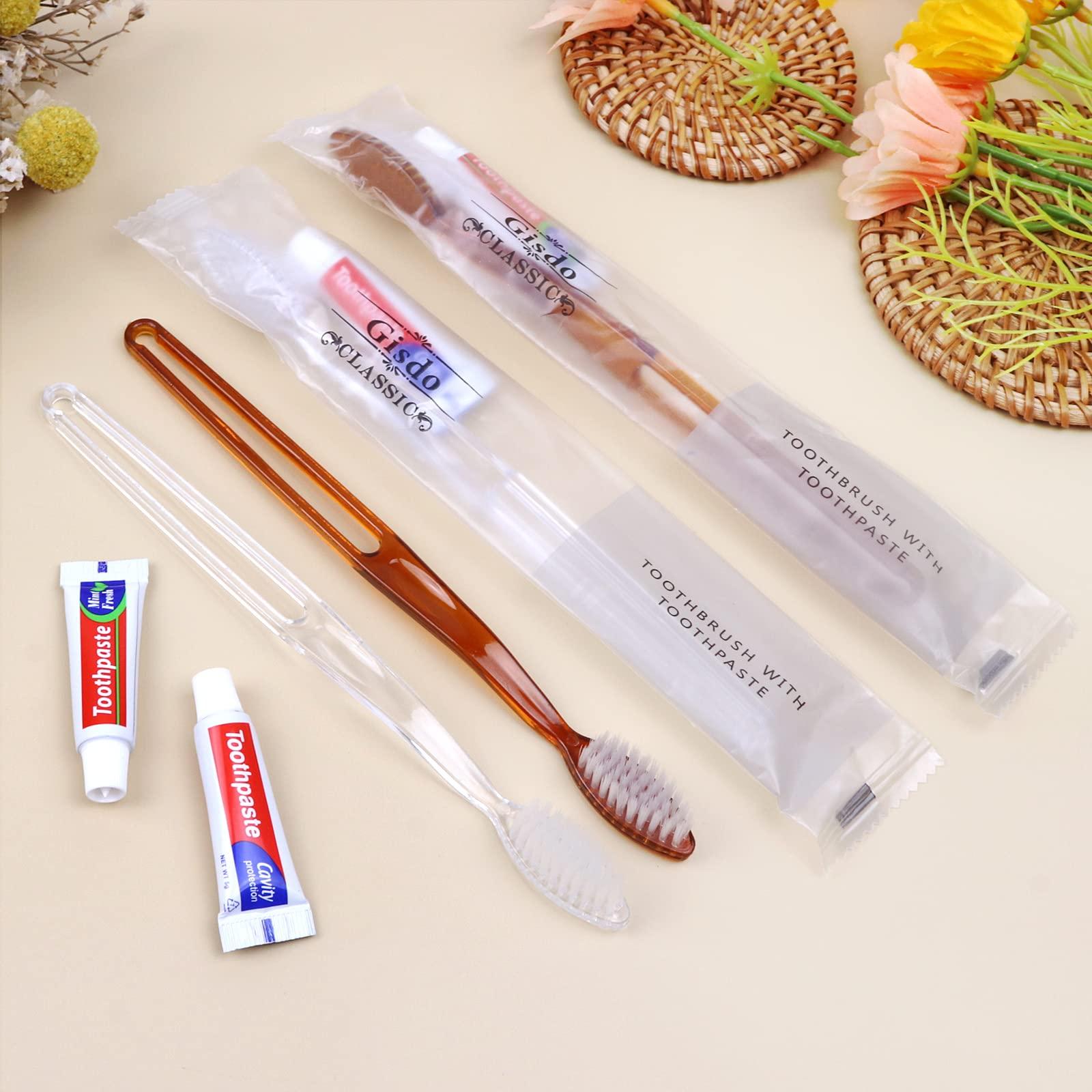 Gisdo 100 Pack Travel Toothbrushes with Toothpaste Set, Individually Wrapped Disposable Toothbrushes Bulk Toothbrushes, Disposable Travel Toothbrush Kit for Hotel Guest, 2 Colors