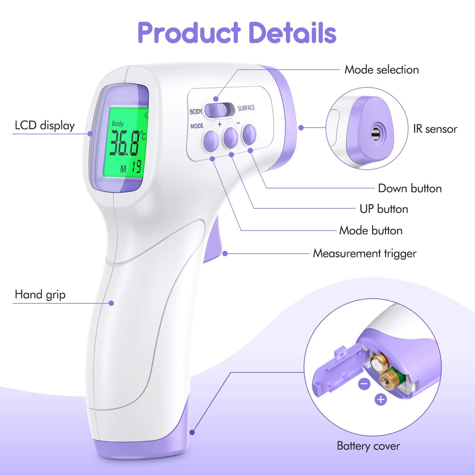 KKmier Thermometer for Adults, KKmier Digital Forehead Thermometers, Non Contact Infrared Temperature Checker for Adults Children Baby, Thermometer Gun with Fever Alarm, 2s Readings, 99 Measurement Memory