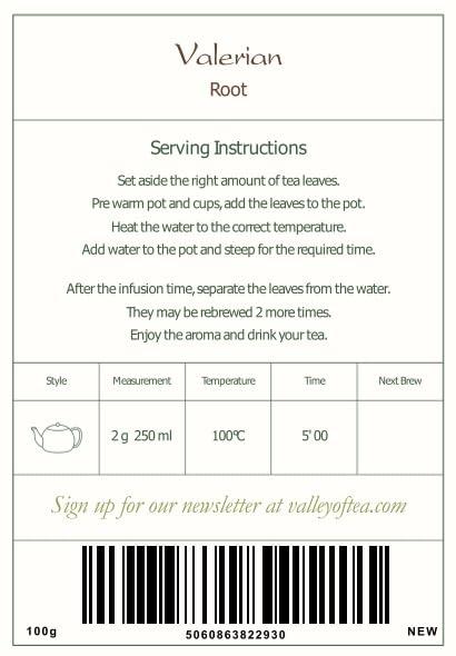 Valley of Tea Valerian Root Organic Herbal Tea - Calming and Relaxing - Good Night Rest - Valeriana Officinalis Roots 100g