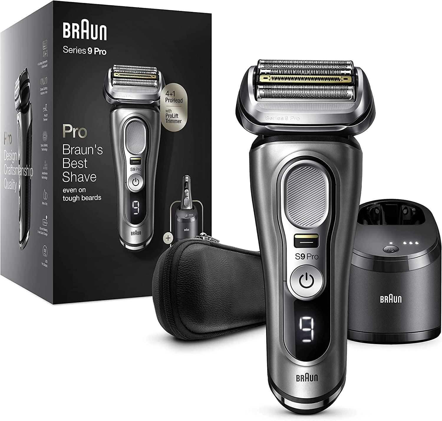Braun Braun Series 9 Pro Electric Shaver with 4+1 Head, Electric Razor for Men with ProLift Trimmer, 5-in-1 SmartCare Center and Leather Travel Case, 9465cc + Shaver Replacement Head, 94M, Silver