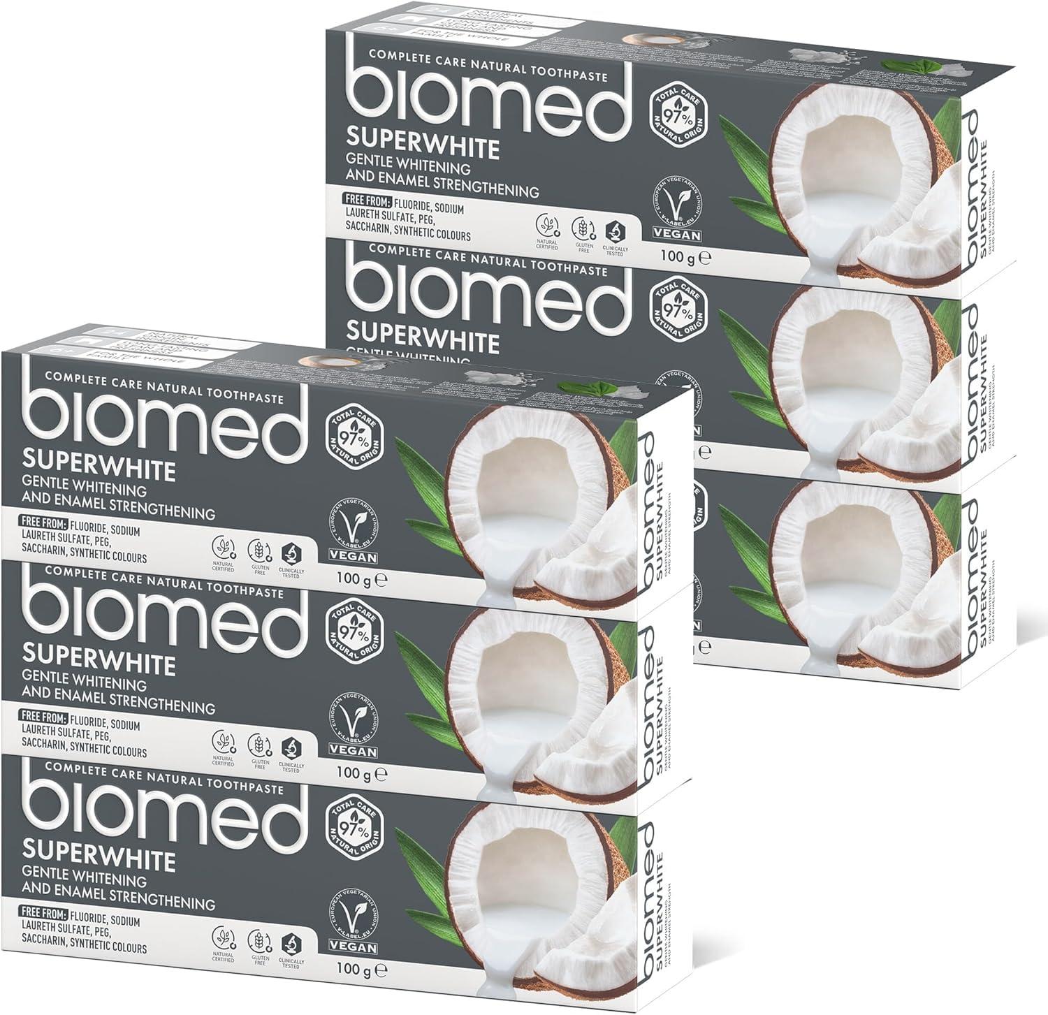 BIOMED Biomed Superwhite 97% Natural Whitening Toothpaste | Enamel Strengthening | Coconut Flavour, Vegan, SLES Free 6x100g