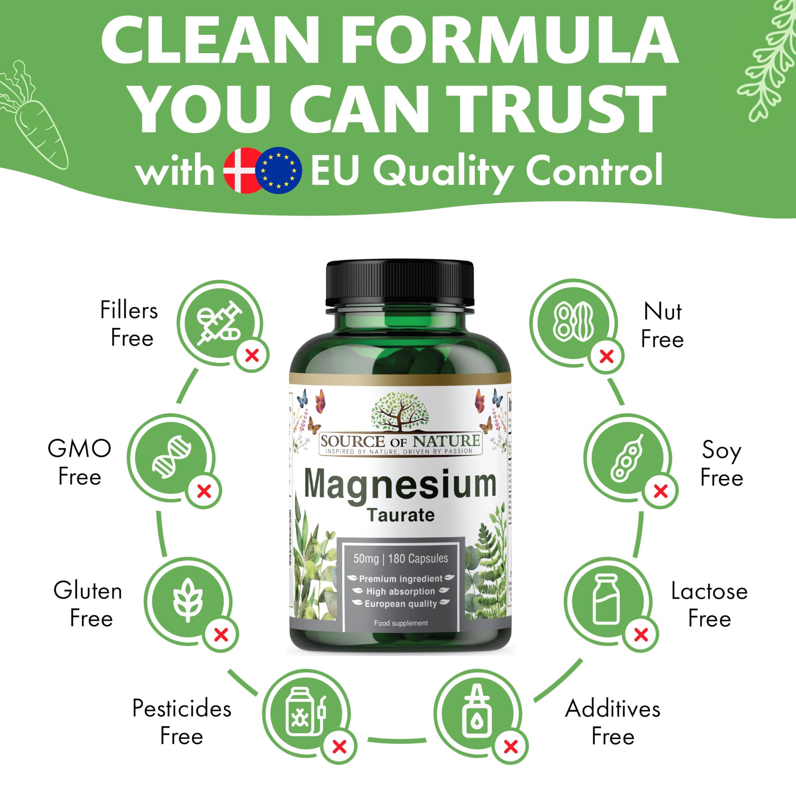 Source of Nature Source of Nature | Magnesium Taurate 625mg | 180 Capsules | 45-Day Supply | 50mg Elemental | High Bioavailability | Easy on The Stomach | Laboratory Tested