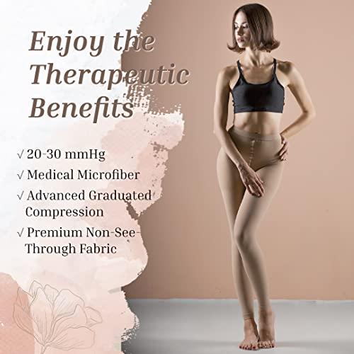 Terramed Just Think Comfort Terramed Advanced Graduated Compression Leggings Women - 20-30 mmHg Footless Microfiber Leggings Tights (Beige, Large)