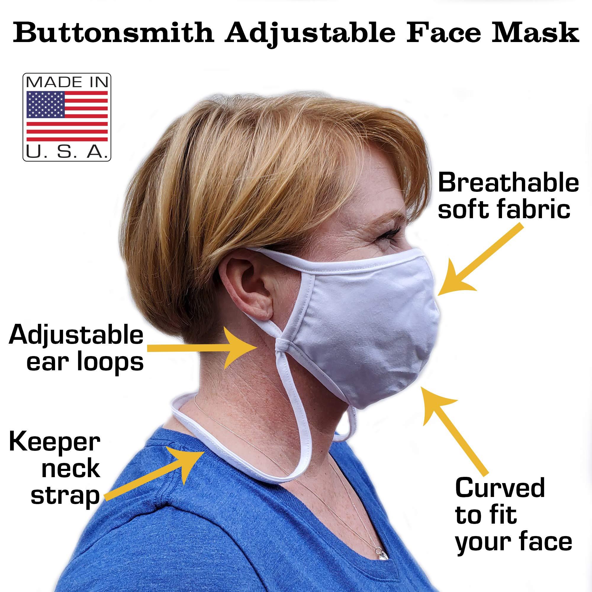 Buttonsmith Buttonsmith Black Adult XL Cotton Adjustable Face Mask with Built-in Lanyard - Quantity 1 - Two Layer Soft T-Shirt Material - Washable - Made in The USA