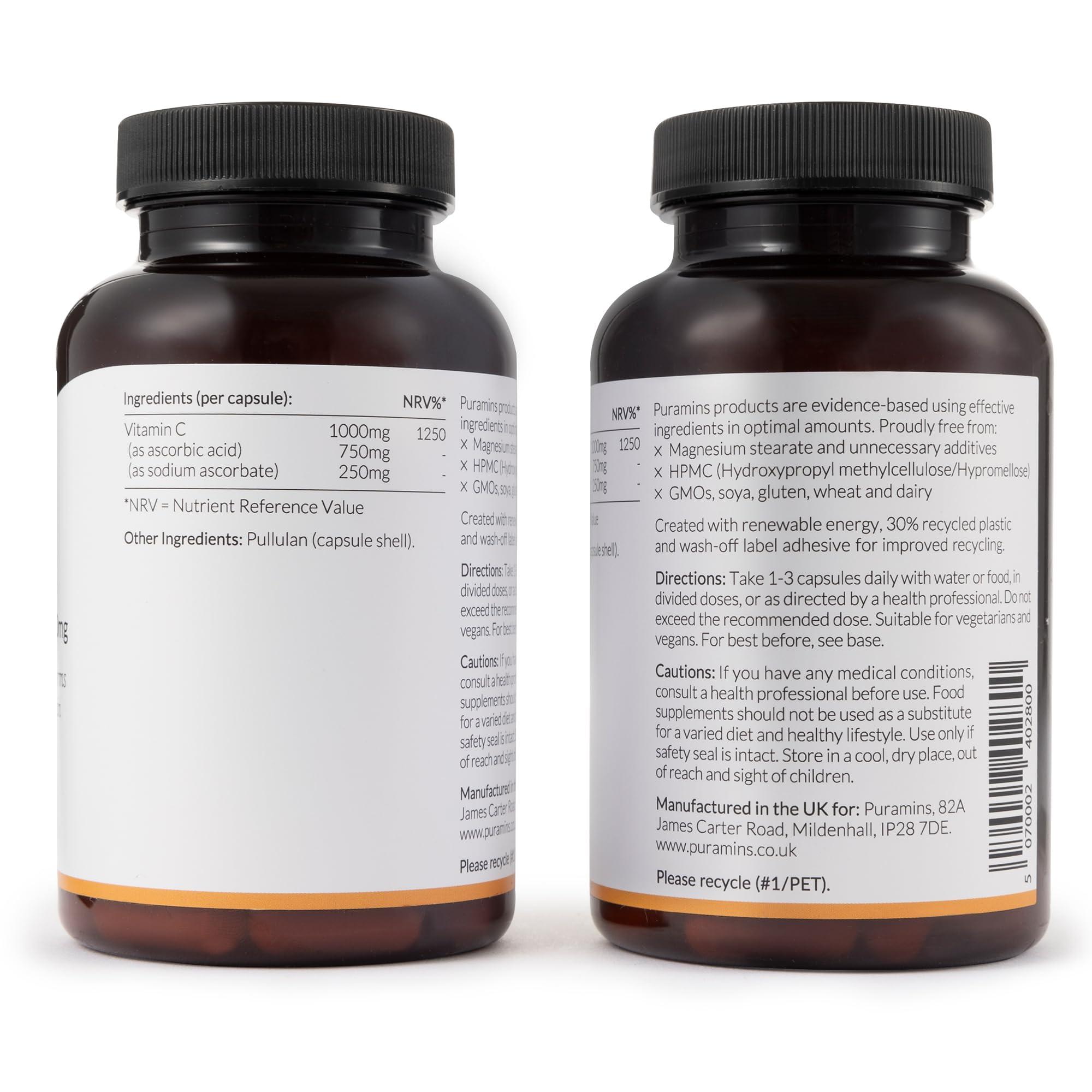 puramins Vitamin C 1000mg, Pure High Strength Vitamin C Capsules with No Additives, Fillers or Binders, Ascorbic Acid and Sodium Ascorbate Powder Complex Supplement, 90 Vegan Capsules, Made in UK by Puramins