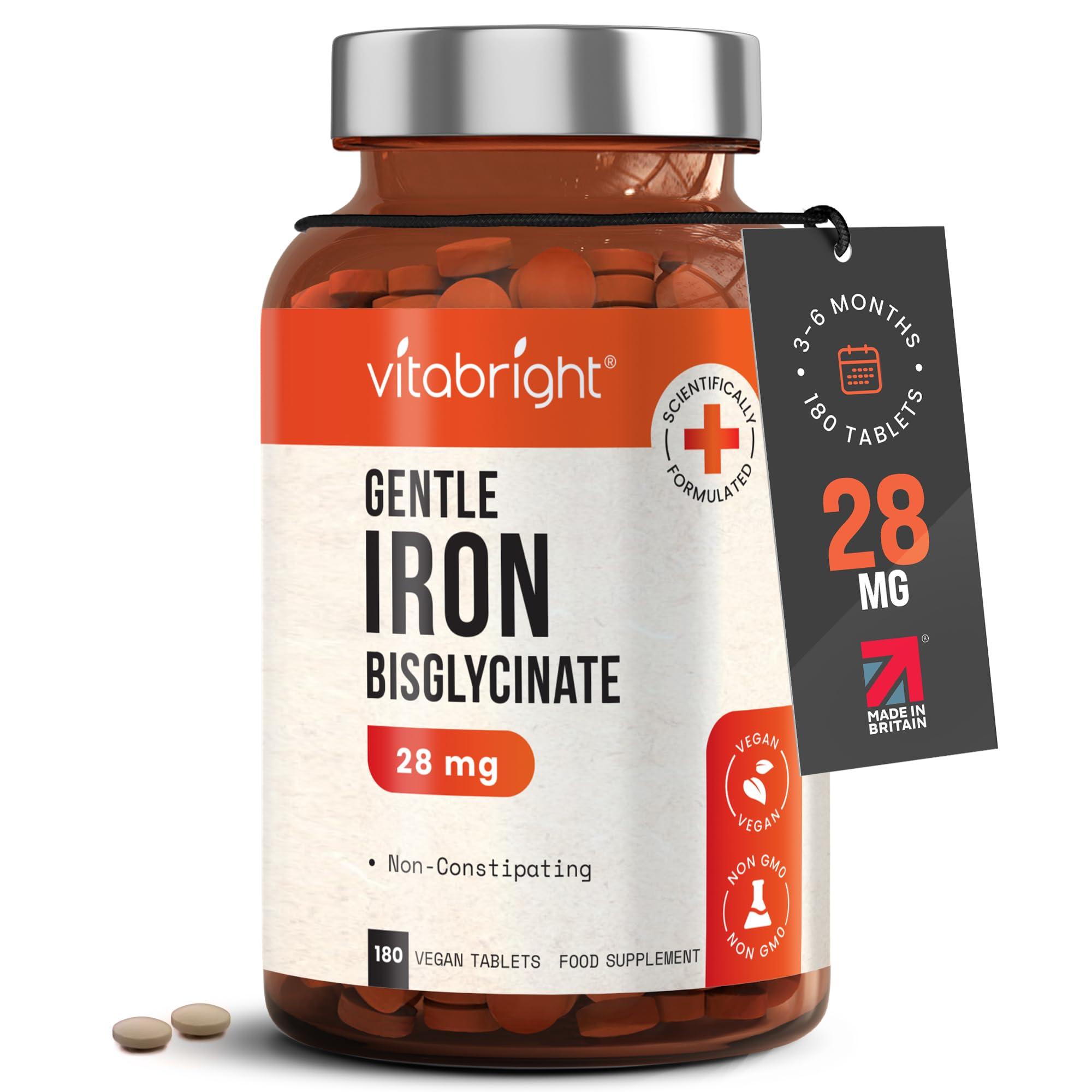 VitaBright Gentle Iron Tablets High Strength 28mg Vegan Iron Tablets Women & Men, Chelated (Organic) Iron Supplements for Women & Teens, Energy Tablets for Tiredness, VitaBright Strong Iron Bisglycinate
