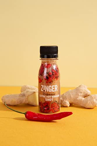 Zinger Zinger extra hot ginger shot (Pack of 15 x 70ml). Organic plant based shot with 27.9g of pressed ginger juice. Natural kick in a pocket-sized format with no added sugar.
