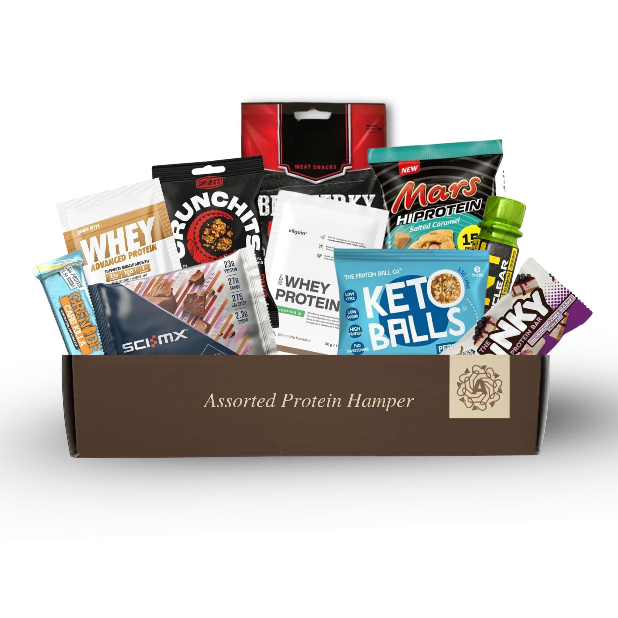 A Amousa Protein Hamper-Protein Gift Set & Fitness Hamper Including Protein Bar, Protein Powder & More! This Protein Box Is A Great Gym Gifts for Men&Women! Protein Gifts for Men,Women & Gifts for Gym Lovers!