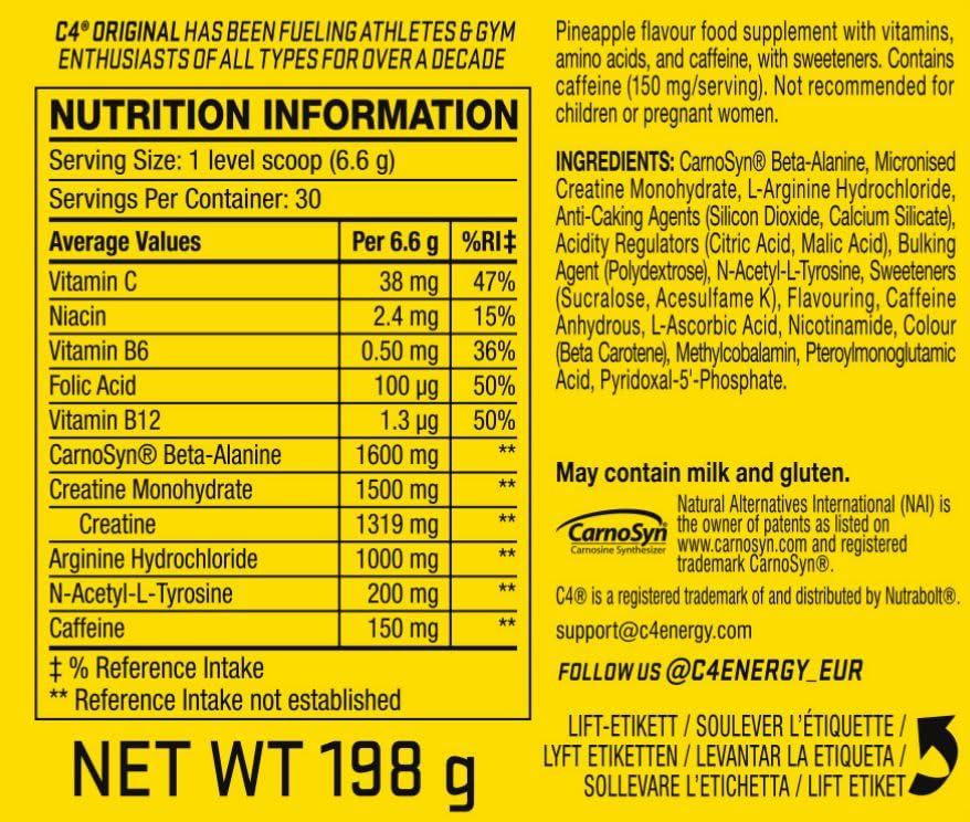 Cellucor C4 Original Beta Alanine Sports Nutrition Bulk Pre Workout Powder for Men & Women | Best Pre-Workout Energy Drink Supplements | Creatine Monohydrate | Pineapple | 30 Servings