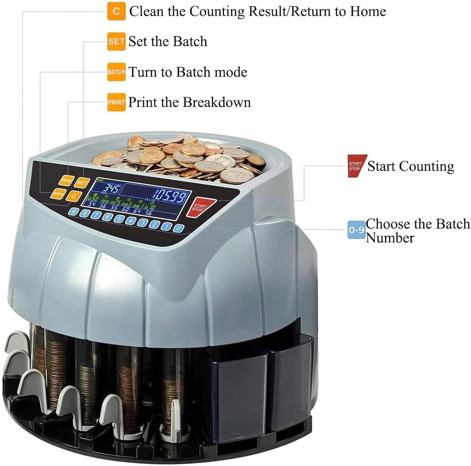 HENLYEN Commercial Coin Counter Machine, Electric Coin Sorter with LED Display, 8 Coin Bins, 216 Units/min and Supports Counting and Sorting, Add and Batch Mode, for Supermarket, Shop, Home, Business.