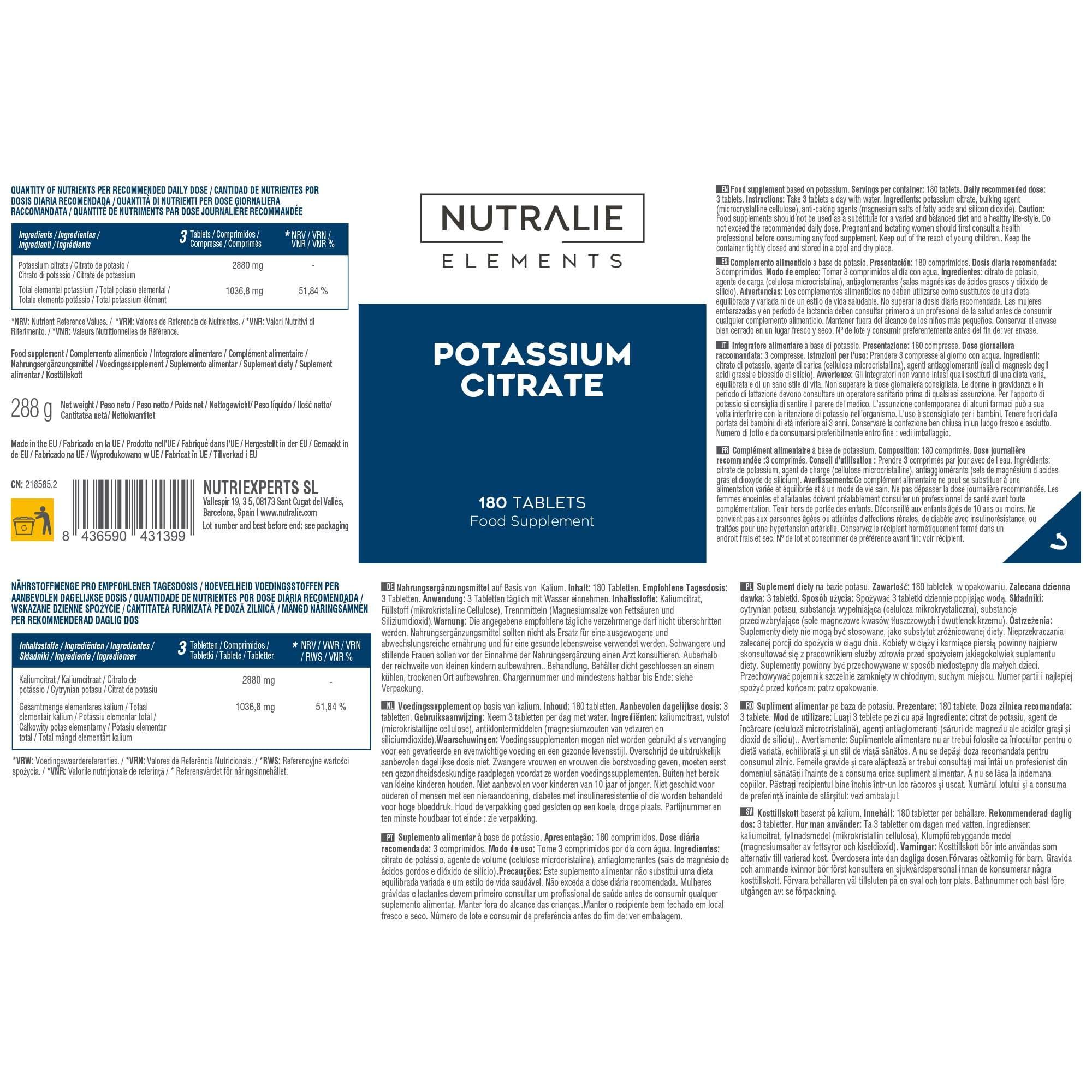NUTRALIE Potassium - Potassium Citrate - High Dose - 2880mg - Element Pure Potassium +1000mg - Muscle - Potassium Citrate - 180 Tablets - Nutralie