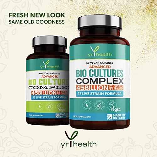 yrhealth Vegan Bio Cultures Complex - 45 Billion CFU, 15 Active Bacteria Strains - Maximum Strength Multi Strain Complex - Probiotics Women Gut Health and Men, 60 Capsules - Made in The UK by YrHealth