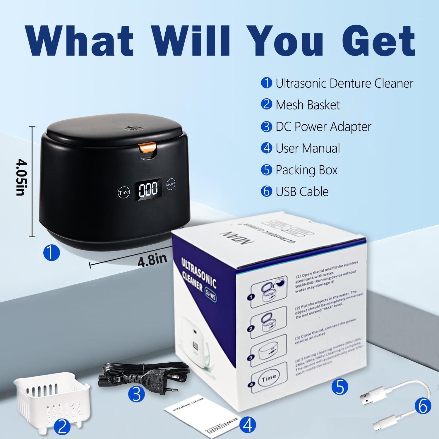 NDAN Ultrasonic Retainer Cleaner, Sonic Dental Cleaning U-V Machine for Dentures, Mouth Guard, Aligner, Toothbrush Head, Jewelry, All Dental Appliances, Portable 30W/45kHz (Black)