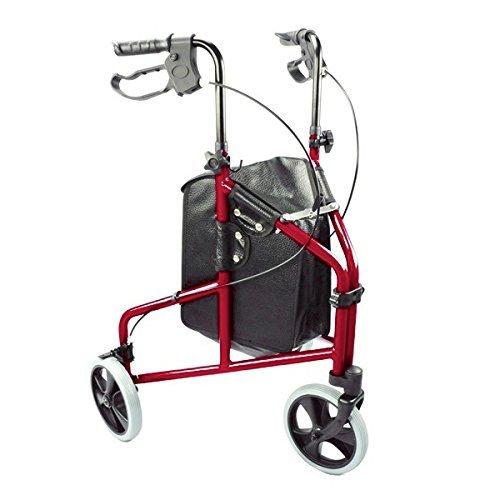 Elite Care Tri Walker with seat/Lightweight 3 Wheeled rollator with Brakes and Shopping Bag (Red)