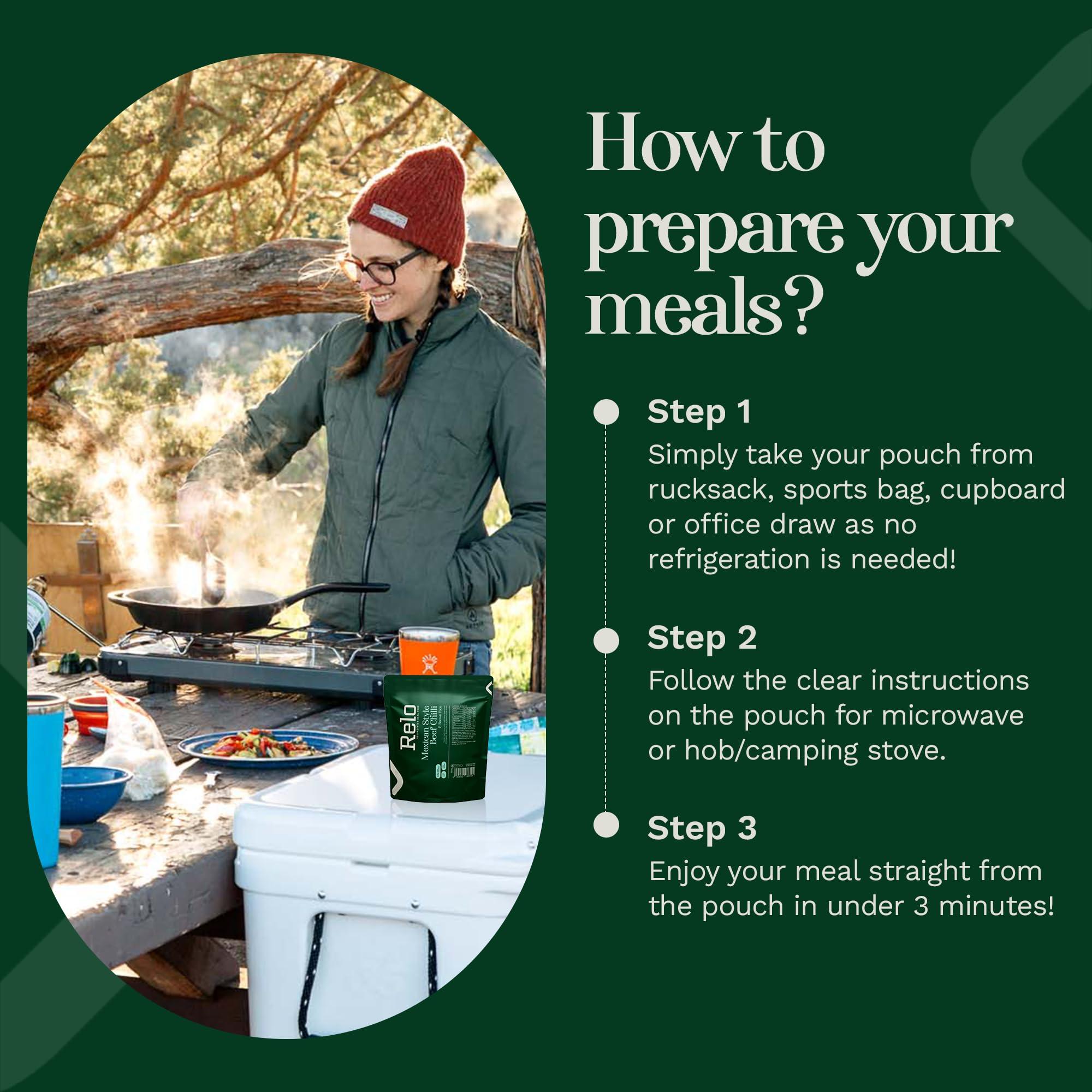 RELO Relo Mexican Style Beef Chilli | 350g Ready-to-Eat Survival Food Pouches | Camping Food Pouches with High-Protein High-Fibre, Low-Fat, Low-Sugar, Low-Cal, Low-Carb, Keto-Friendly (20 Pack)